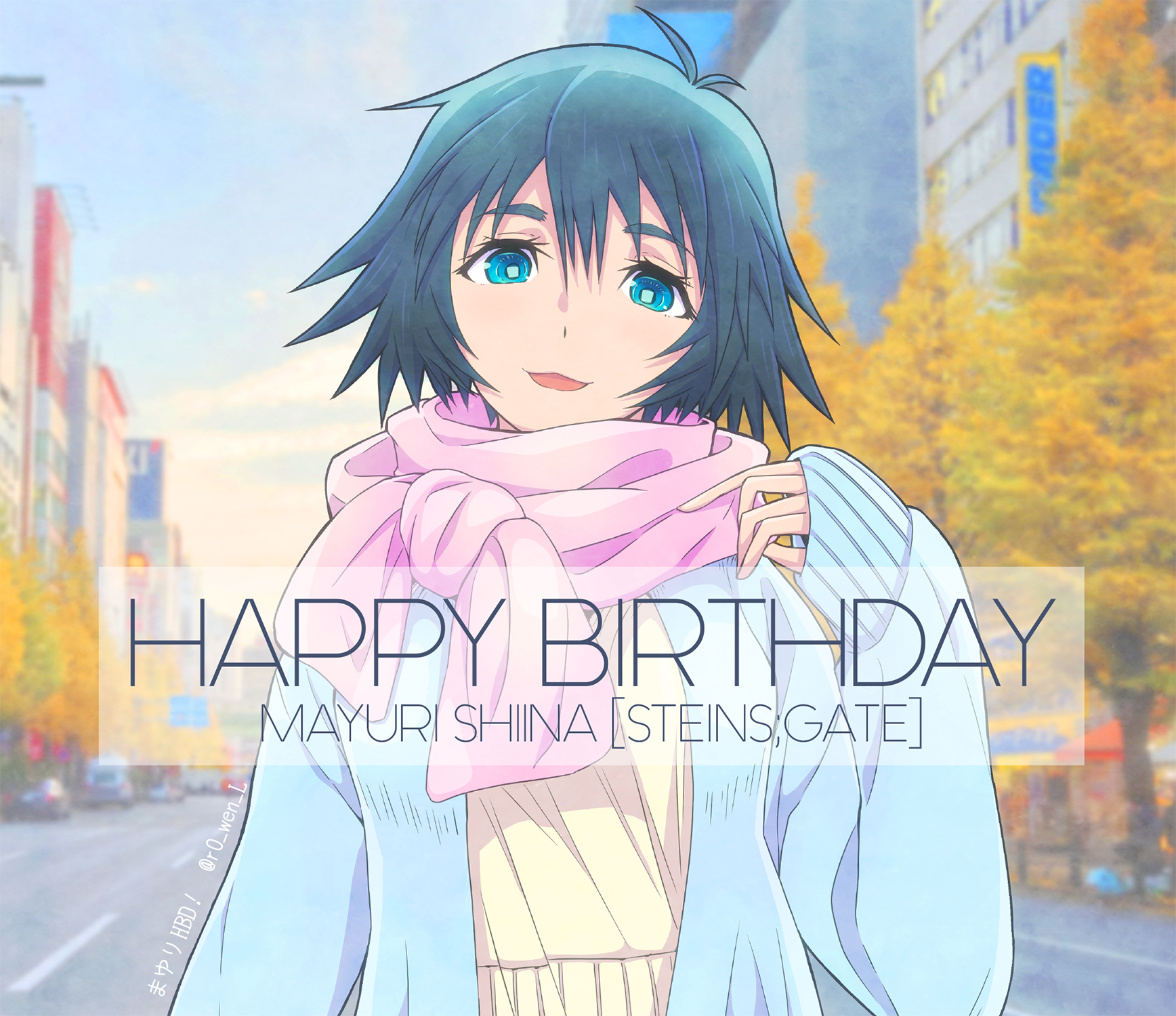 shiina mayuri, science adventure, steins;gate, check clothing, clothing request, highres, 1girl, akihabara (tokyo), black hair, blouse, blue eyes, casual, character name, coat, day, happy birthday, long sleeves, looking at viewer, open mouth, outdoors, pink scarf, r0 wen l, ringed eyes, scarf, shirt, short hair, smile, solo, square pupils, sweater, tongue, yellow shirt