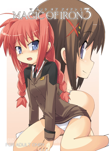 mamo williams, vita (nanoha), yagami hayate, lyrical nanoha, mahou shoujo lyrical nanoha, mahou shoujo lyrical nanoha strikers, 00s, 2girls, braid, emblem, flat chest, full body, hair ornament, loli, long sleeves, looking at viewer, multiple girls, panties, pantyshot, profile, short hair, sitting, smile, sweater, thighs, twin braids, underwear, x hair ornament, yokozuwari