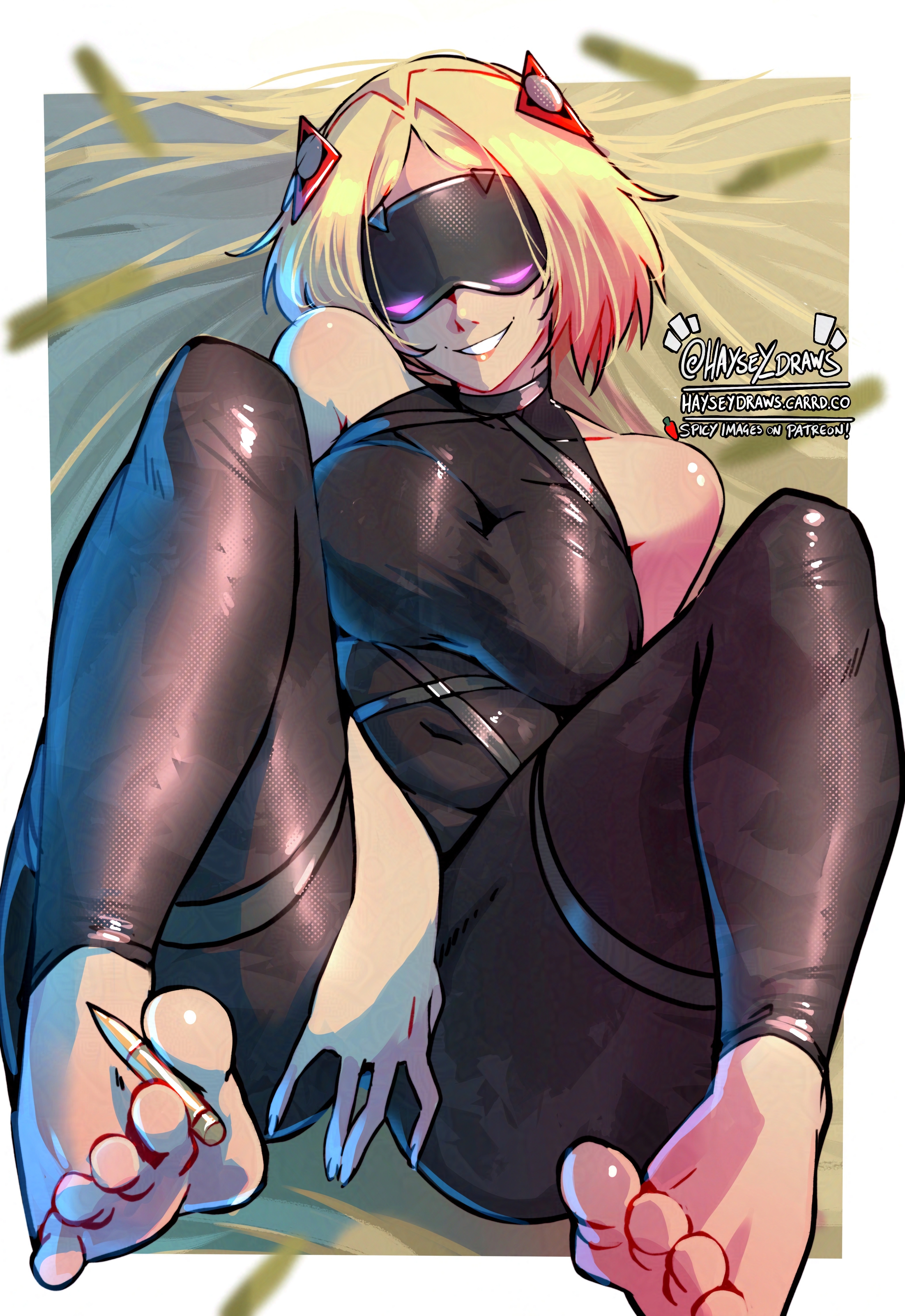 haysey, trigger (zenless zone zero), zenless zone zero, absurdres, commentary, english commentary, highres, 1girl, barefoot, black bodysuit, black mask, blonde hair, bodysuit, breasts, bullet, eye mask, head tilt, holding, holding pencil, holding with feet, large breasts, lying, medium hair, on back, pencil, smile, solo