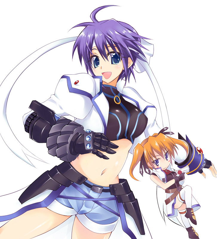 okagiri shou, cross mirage, revolver knuckle, subaru nakajima, teana lanster, lyrical nanoha, mahou shoujo lyrical nanoha, mahou shoujo lyrical nanoha strikers, 00s, 2girls, blue hair, fingerless gloves, gloves, gun, magical girl, midriff, multiple girls, orange hair, single fingerless glove, single gauntlet, thighhighs, twintails, waist cape, weapon