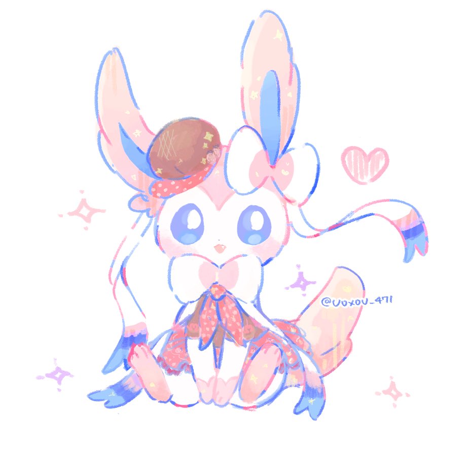 uoxou 471, sylveon, nintendo, pokemon, animal focus, blue eyes, blush, clothed pokemon, fang, gen 6 pokemon, hat, heart, no humans, open mouth, pokemon (creature), pokemon focus, simple background, sitting, twitter username, white background