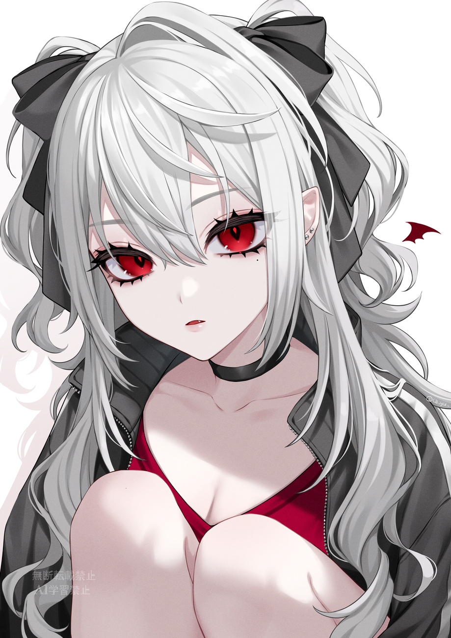 saijou yurika, kuzuha (nijisanji), nijisanji, highres, 1girl, black choker, breasts, choker, cleavage, genderswap, genderswap (mtf), grey hair, grey jacket, hair ribbon, jacket, knees up, long hair, looking at viewer, open clothes, open jacket, parted lips, red eyes, red shirt, ribbon, shirt, sitting, solo, upper body, virtual youtuber
