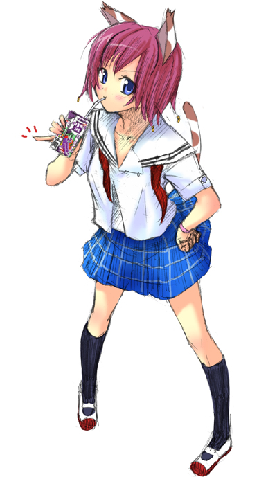 gin (ginshari), original, 1girl, animal ears, cat ears, cat tail, female focus, juice box, legs, school uniform, serafuku, solo, tail