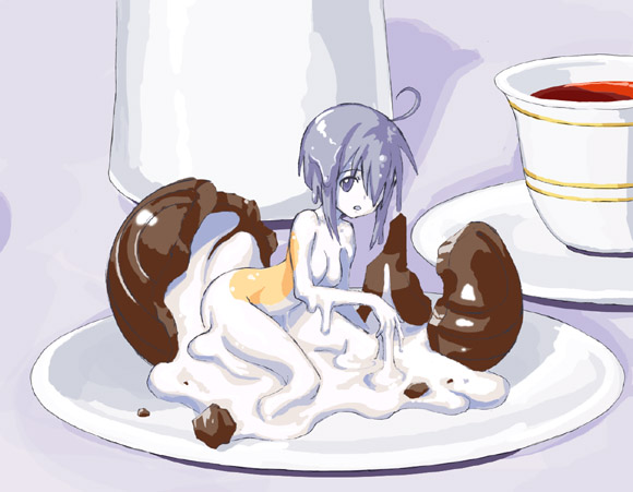 branzent, miyazaki nodoka, cadbury, mahou sensei negima!, messy, 00s, 1girl, ahoge, blue eyes, blue hair, bob cut, breasts, candy, chocolate, coffee, colored skin, cream, cup, drink, dripping, easter, egg, egg yolk, female focus, food, hair over one eye, in food, indoors, looking at viewer, matching hair/eyes, medium breasts, mini person, minigirl, monster girl, nude, open mouth, personification, plate, saucer, short hair, sitting, slime girl, solo, tea, teacup, white skin