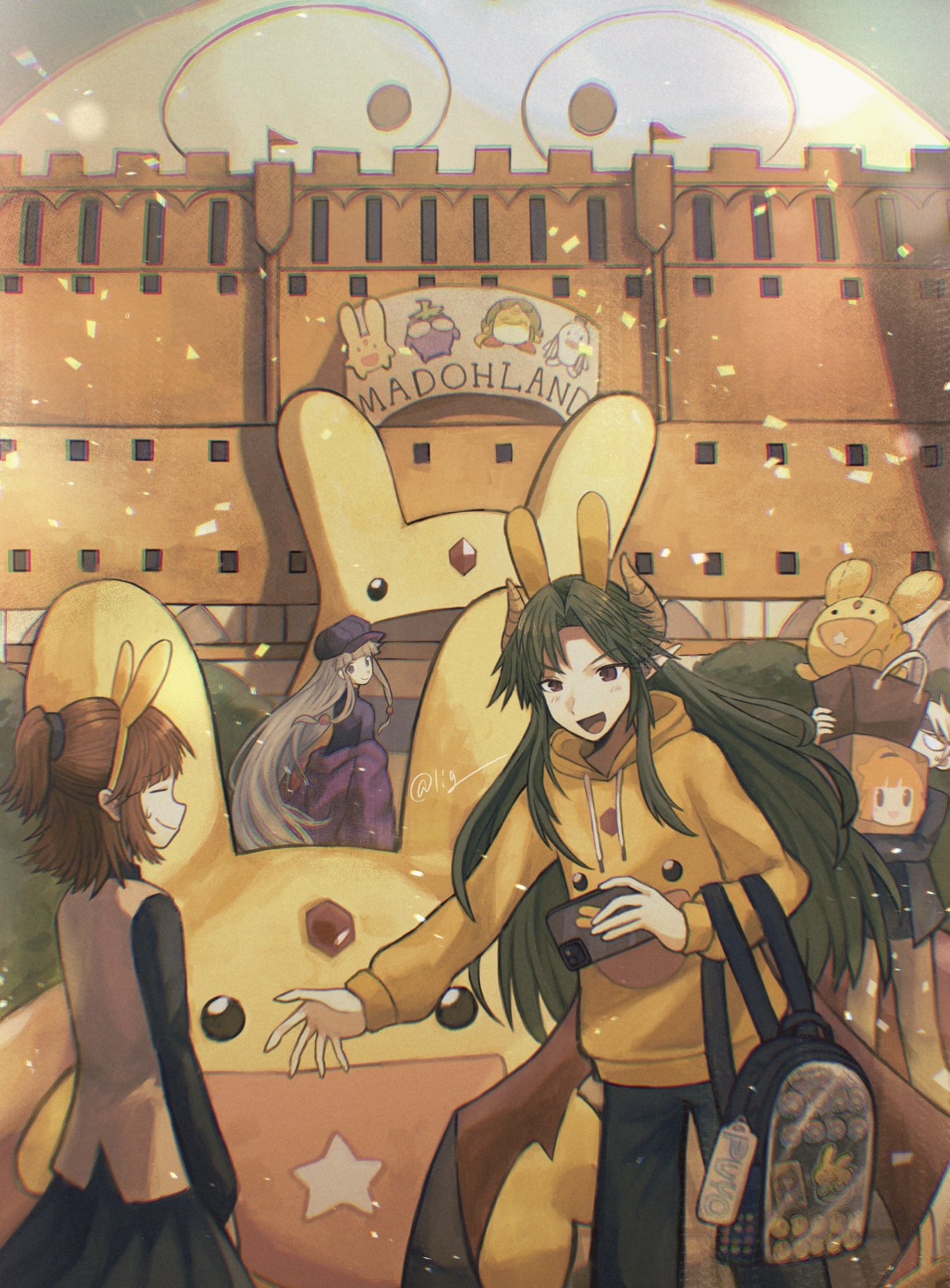 carbuncle (puyopuyo), nasu grave, puyo (puyopuyo), satan (puyopuyo), schezo wegey, wish (puyopuyo), madou monogatari, puyopuyo, commentary, highres, 2boys, 2girls, :d, alternate costume, animal ears, artist name, bag, black jacket, black pants, blue headband, blue skirt, blunt bangs, blush, brown hair, castle, casual, cellphone, character doll, character print, chromatic aberration, closed eyes, closed mouth, confetti, demon boy, doll, drawstring, fake animal ears, green hair, grey hair, half updo, hat, headband, holding, holding phone, hood, hood down, hoodie, horns, itabag, jacket, lig00, long hair, long sleeves, looking back, low-tied sidelocks, low wings, medium hair, merchandise, momomo (madou monogatari), multiple boys, multiple girls, newsboy cap, open mouth, pants, parara (madou monogatari), parted bangs, phone, pointy ears, purple hat, red eyes, shirt, shopping bag, sidelocks, skirt, smartphone, smile, stuffed toy, sweat, twitter username, very long hair, white shirt, wings, yellow hoodie