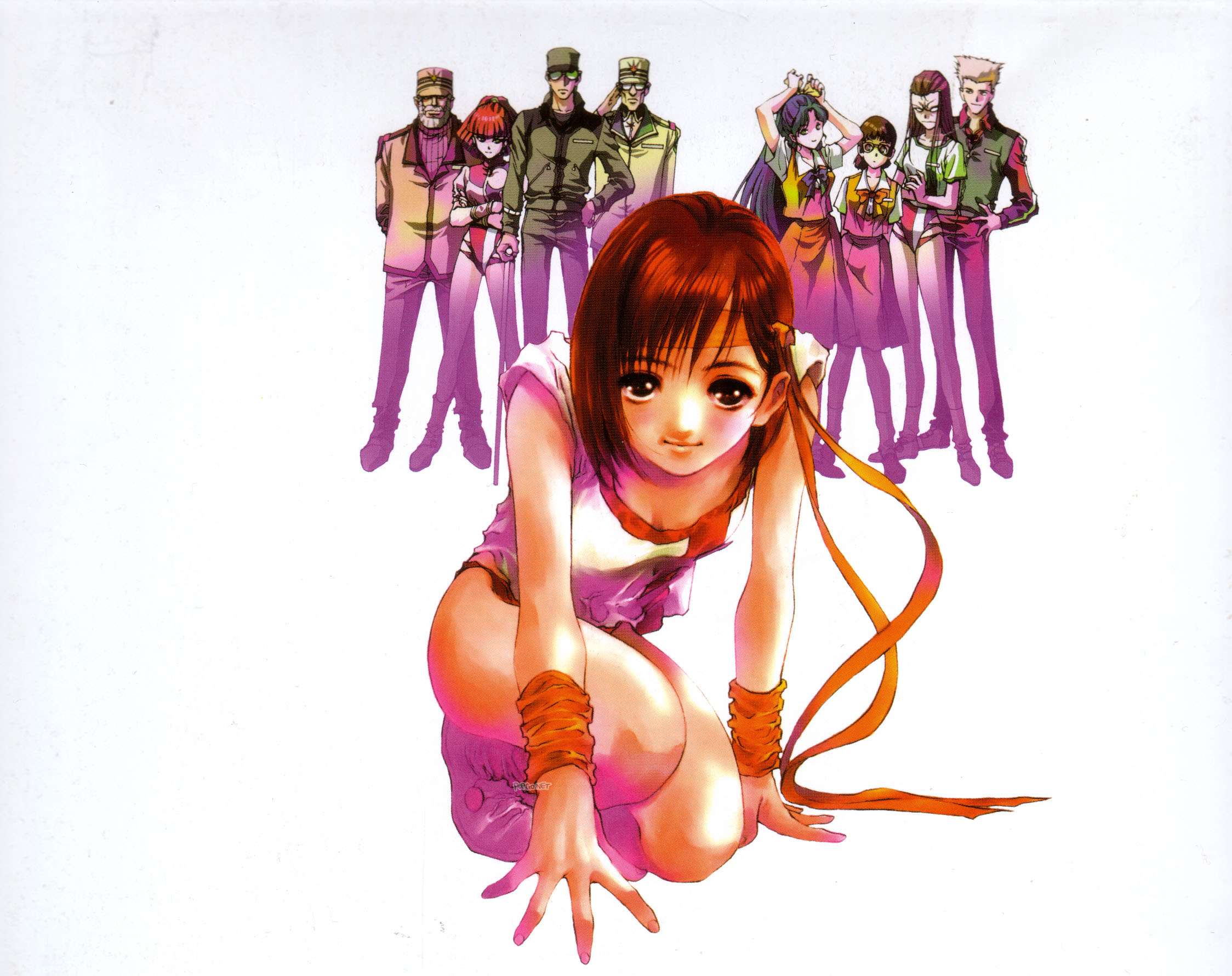 mikimoto haruhiko, amano kazumi, higuchi kimiko, jung freud, koichiro ohta, oota kouichirou, smith toren, takaya noriko, tashiro tatsumi, top wo nerae!, top wo nerae! (series), 1980s (style), highres, 4boys, 5girls, glasses, hat, leotard, military, military uniform, multiple boys, multiple girls, oldschool, realistic, retro artstyle, science fiction, sunglasses, watermark, xo