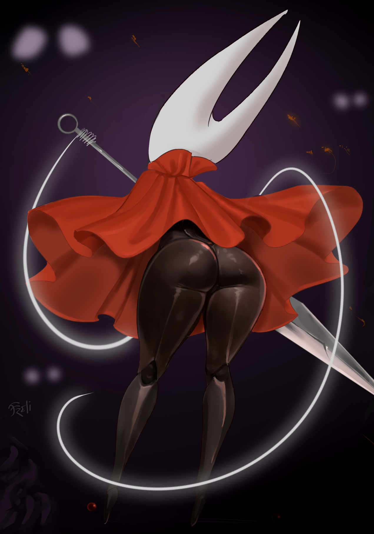 freli, hornet (hollow knight), hollow knight, hollow knight: silksong, commentary, highres, 1girl, arthropod girl, artist name, ass, ass focus, black skin, cloak, colored skin, from behind, horned mask, mask, needle (hollow knight), red cloak, solo, thread, weapon, white mask