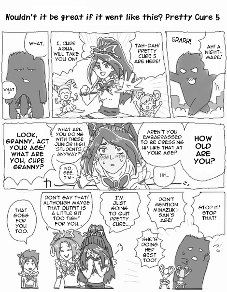 akimoto komachi, cure aqua, cure dream, cure lemonade, cure mint, cure rouge, kasugano urara (yes! precure 5), minazuki karen, natsuki rin, yumehara nozomi, precure, yes! precure 5, hard-translated, third-party edit, 5girls, comic, cone hair bun, english text, greyscale, hair bun, magical girl, monochrome, monster, multiple girls, parody