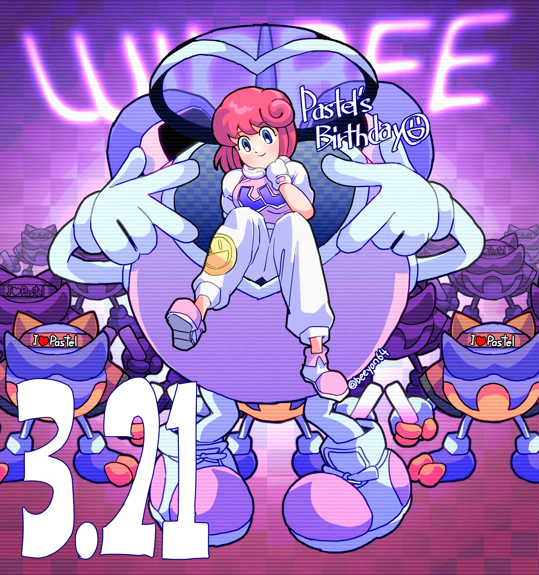 beeyan64, pastel (twinbee), winbee, twinbee, highres, 2girls, artist name, blue eyes, character name, dated, gloves, happy birthday, multiple girls, pink background, pink shoes, red hair, shoes, sitting, smile, white gloves
