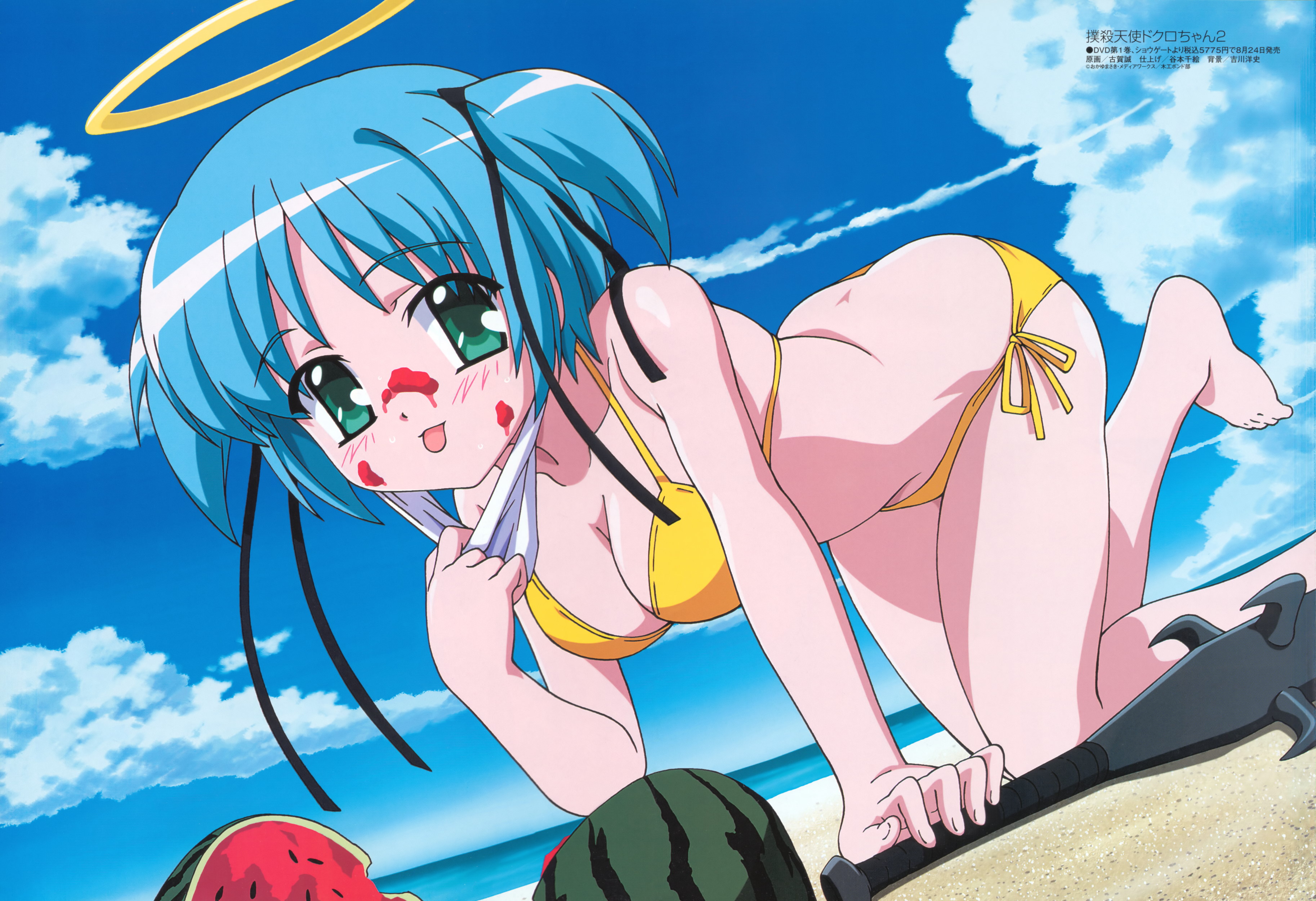 koga makoto, mitsukai dokuro, bokusatsu tenshi dokuro-chan, megami magazine, absurdres, highres, scan, 00s, 1girl, :p, all fours, barefoot, beach, bikini, blue hair, breasts, cleavage, club, club (weapon), day, dutch angle, escaliborg, excalibolg, female focus, food, fruit, green eyes, halo, kanabou, medium breasts, outdoors, side-tie bikini bottom, solo, spiked club, suikawari, swimsuit, tongue, tongue out, watermelon, weapon, yellow bikini