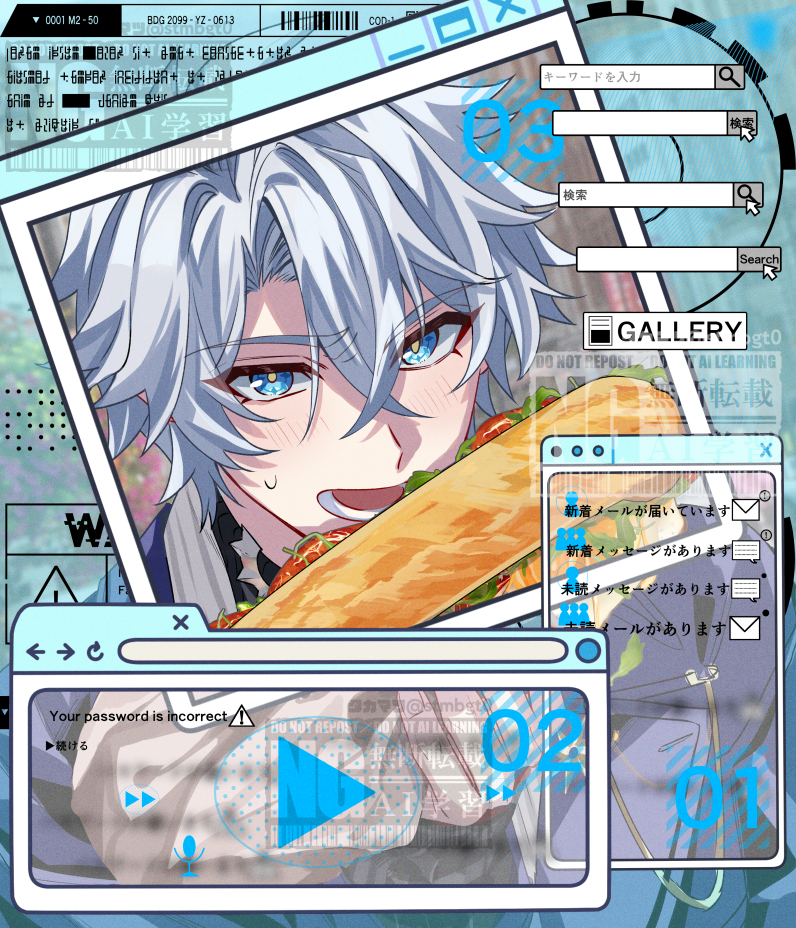 takamatsu (yamajiai), phainon (honkai: star rail), honkai: star rail, honkai (series), commentary, 1boy, blue eyes, food, jacket, looking at viewer, male focus, open clothes, open jacket, sandwich, short hair, solo, submarine sandwich, white hair, window (computing)