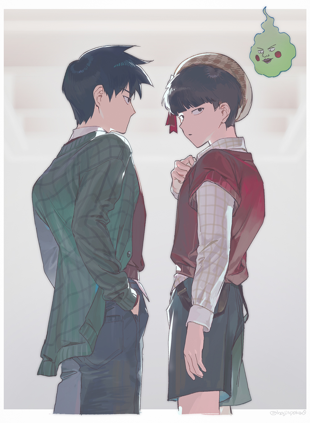 ekubo (mob psycho 100), kageyama ritsu, kageyama shigeo, mob psycho 100, highres, 2boys, alternate costume, black hair, bowl cut, brothers, collared shirt, cowboy shot, cropped legs, from behind, green shirt, grid print, hajinpoka0, hand in pocket, long sleeves, male focus, multiple boys, pants, pocket, shirt, short hair, shorts, siblings, spirit, twitter username