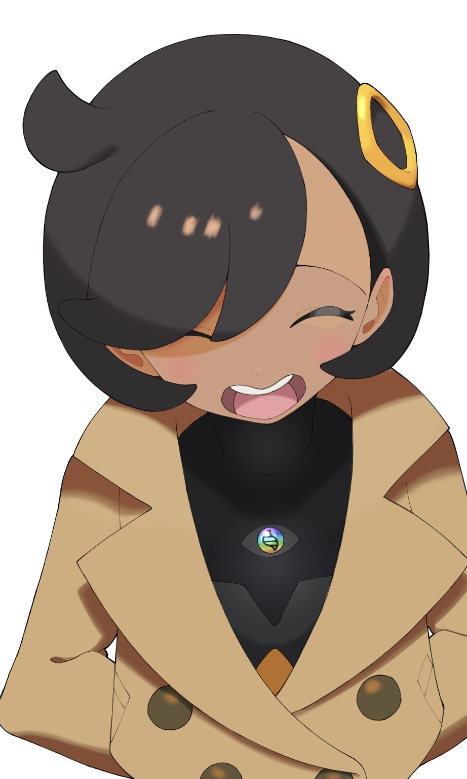 emma (pokemon), nintendo, pokemon, pokemon legends: z-a, commentary request, highres, 1girl, arms behind back, black hair, blush, brown coat, closed eyes, coat, dark-skinned female, dark skin, eyelashes, mega stone, misawa rei1017, open mouth, short hair, simple background, smile, solo, teeth, trench coat, upper body, upper teeth only, white background