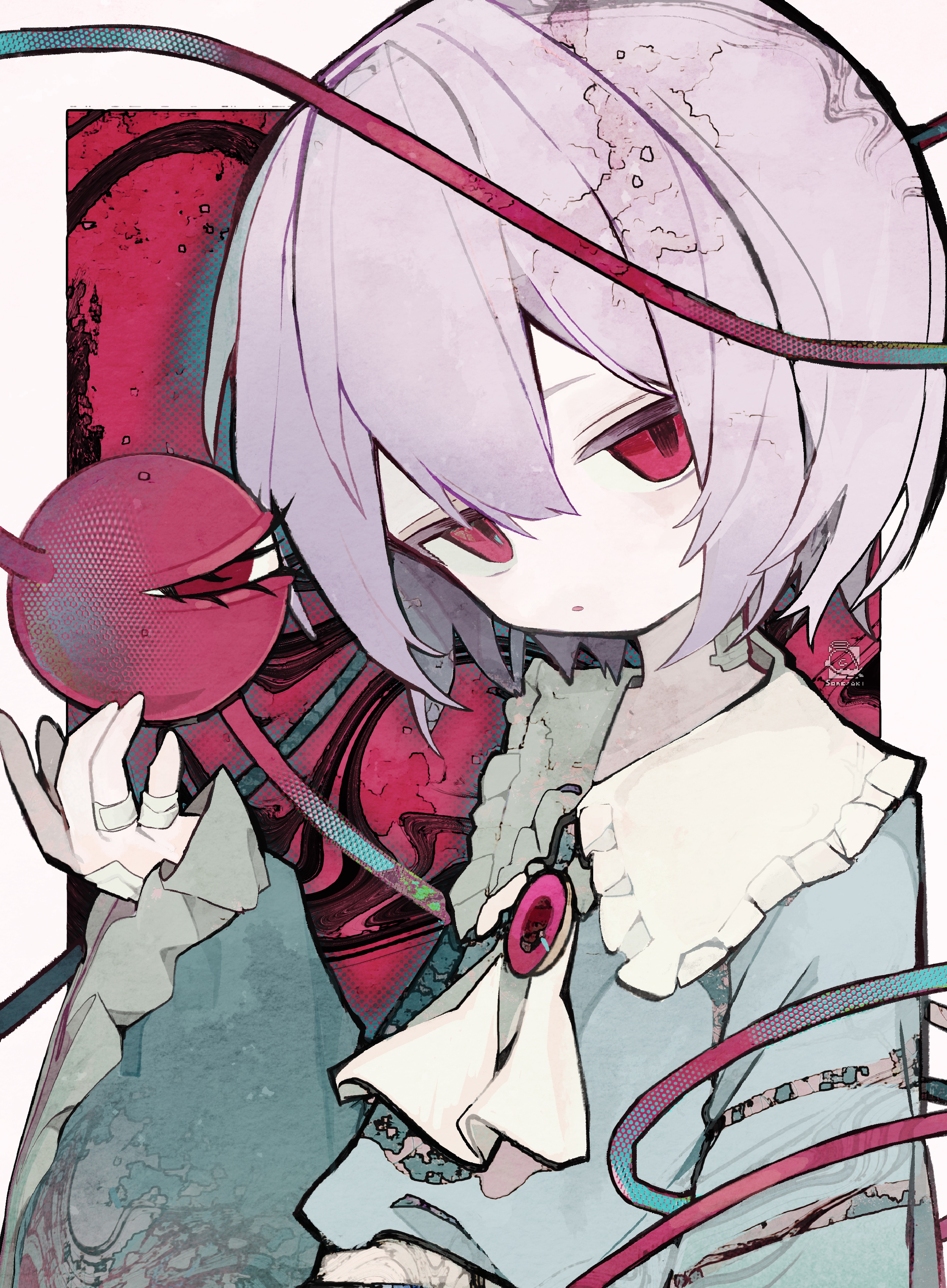 soresaki, komeiji satori, touhou, absurdres, highres, 1girl, bandaid, bandaid on finger, blue shirt, frilled shirt collar, frilled sleeves, frills, looking at viewer, patterned background, pink hair, red eyes, shirt, third eye