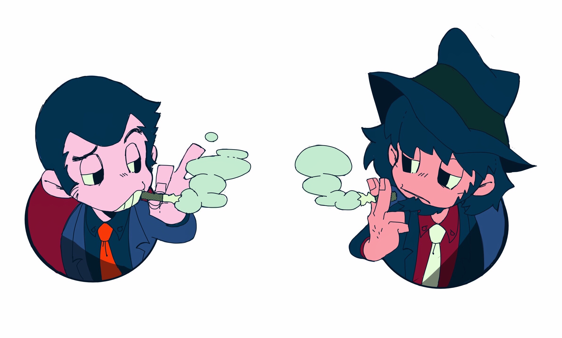 maeda57575, arsene lupin iii, jigen daisuke, lupin iii, highres, 2boys, beard, black hair, black hat, black jacket, black shirt, blue jacket, cigarette, facial hair, hand hair, hat, holding, holding cigarette, jacket, multiple boys, red shirt, shirt, sideburns, smoke, smoke trail, smoking, white background