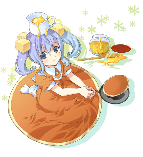 mattaku mousuke, 1girl, blue eyes, blue hair, bow, brown dress, butter, dress, female focus, food, food-themed clothes, frying pan, hair ornament, honey, jar, kneeling, looking at viewer, looking up, matching hair/eyes, orange dress, pancake, personification, ribbon, short hair, sitting, smile, solo, twintails