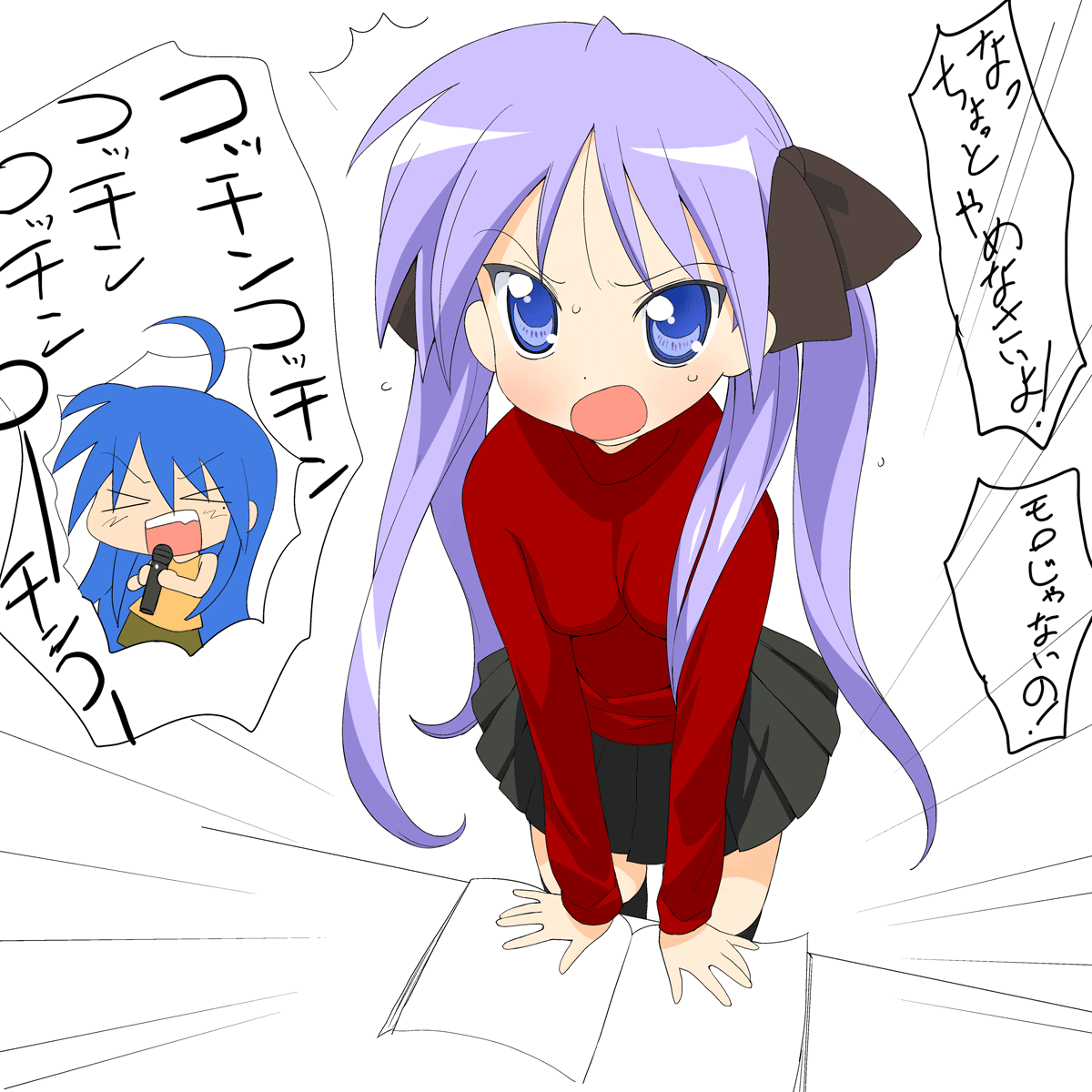a1 (initial-g), hiiragi kagami, izumi konata, tohsaka rin, fate/stay night, fate (series), lucky star, type-moon, highres, translation request, > <, 2girls, closed eyes, cosplay, crossover, multiple girls, thighhighs, tohsaka rin (cosplay), trait connection