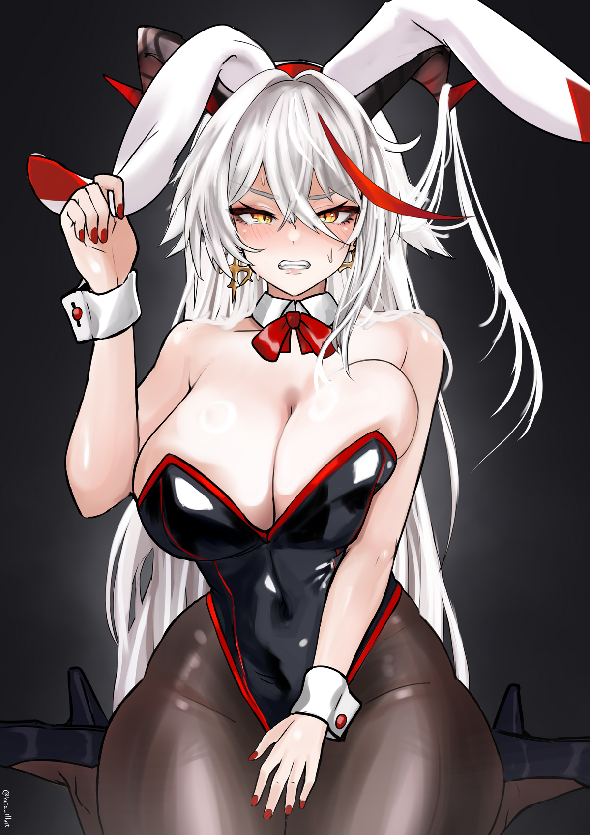 heiz illust, aegir (azur lane), azur lane, bow, bowtie, breasts, cleavage, collar, cuffs, earrings, high heels, horns, jewelry, large breasts, leotard, multicolored hair, nail polish, pantyhose, playboy bunny, rabbit ears, red hair, red nails, skin tight, skindentation, streaked hair, sweat, sweatdrop, white hair, yellow eyes
