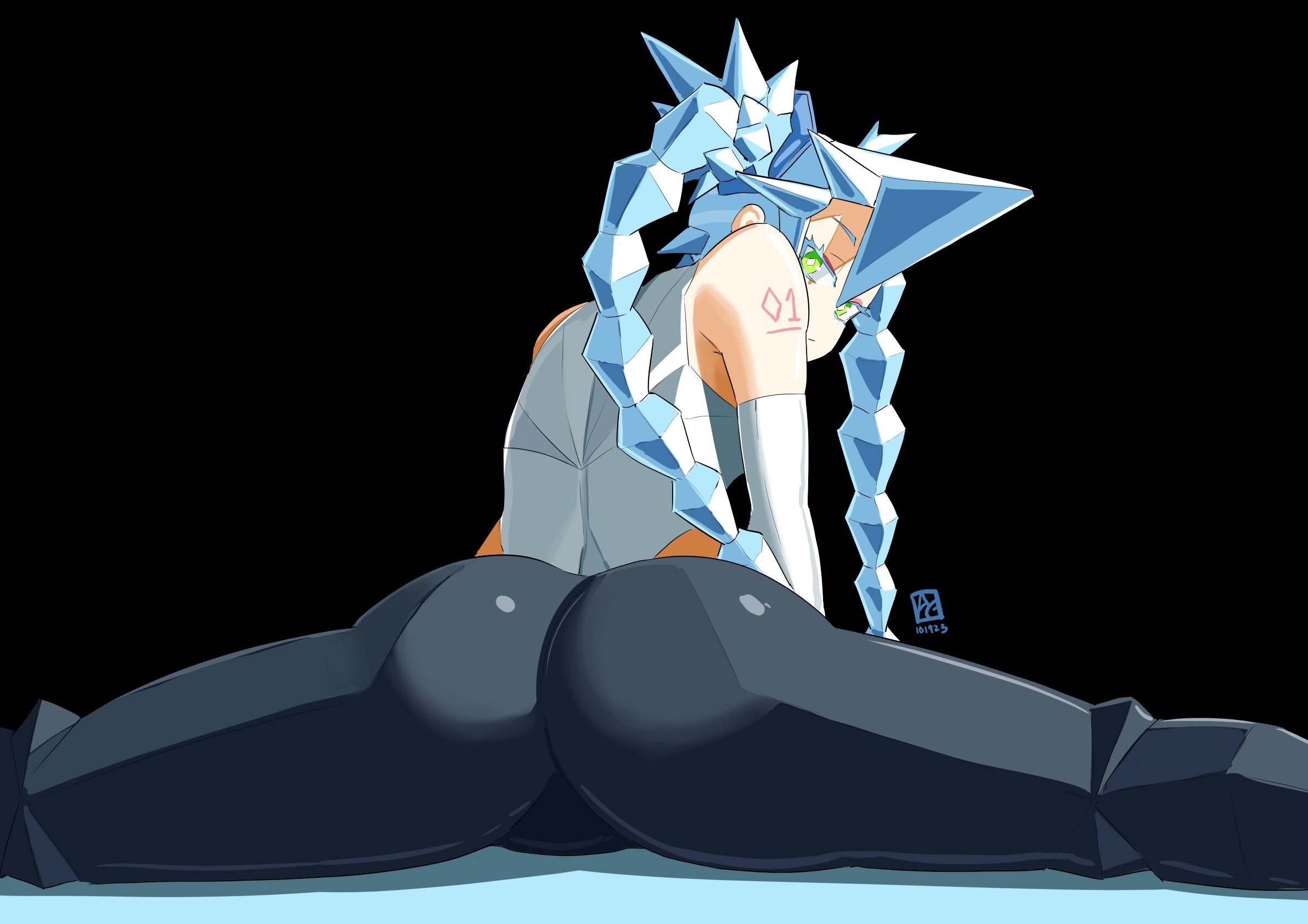 automatic giraffe, hatsune miku, ice miku (project voltage), nintendo, pokemon, project voltage, vocaloid, highres, 1girl, arm tattoo, artist logo, ass, ass focus, bare shoulders, black background, black leggings, blue hair, closed mouth, colored eyelashes, from behind, green eyes, heattech leotard, ice hair, leggings, leotard, logo, long hair, looking back, sideways, sitting split, solo, spiked hair, split, tattoo, turtleneck, twintails, white leotard