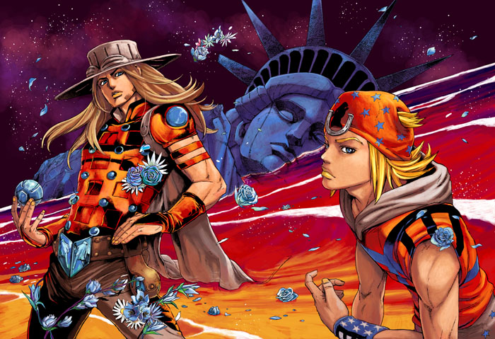 mahito (tranjistor), tranjistor, gyro zeppeli, johnny joestar, jojo no kimyou na bouken, steel ball run, 2boys, ball, beanie, blonde hair, blue flower, blue rose, bridal gauntlets, daisy (flower), flower, hat, hood, horseshoe, lipstick, long hair, makeup, male focus, multiple boys, rose