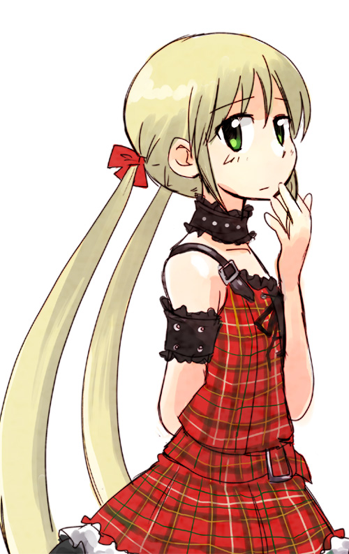 yurihi koi, sanzen'in nagi, hayate no gotoku!, looking away, plaid, 00s, 1girl, arm behind back, blonde hair, camisole, choker, collarbone, female focus, green eyes, hair ribbon, hand to own mouth, long hair, ribbon, sad, simple background, skirt, skirt set, solo, standing, twintails, very long hair