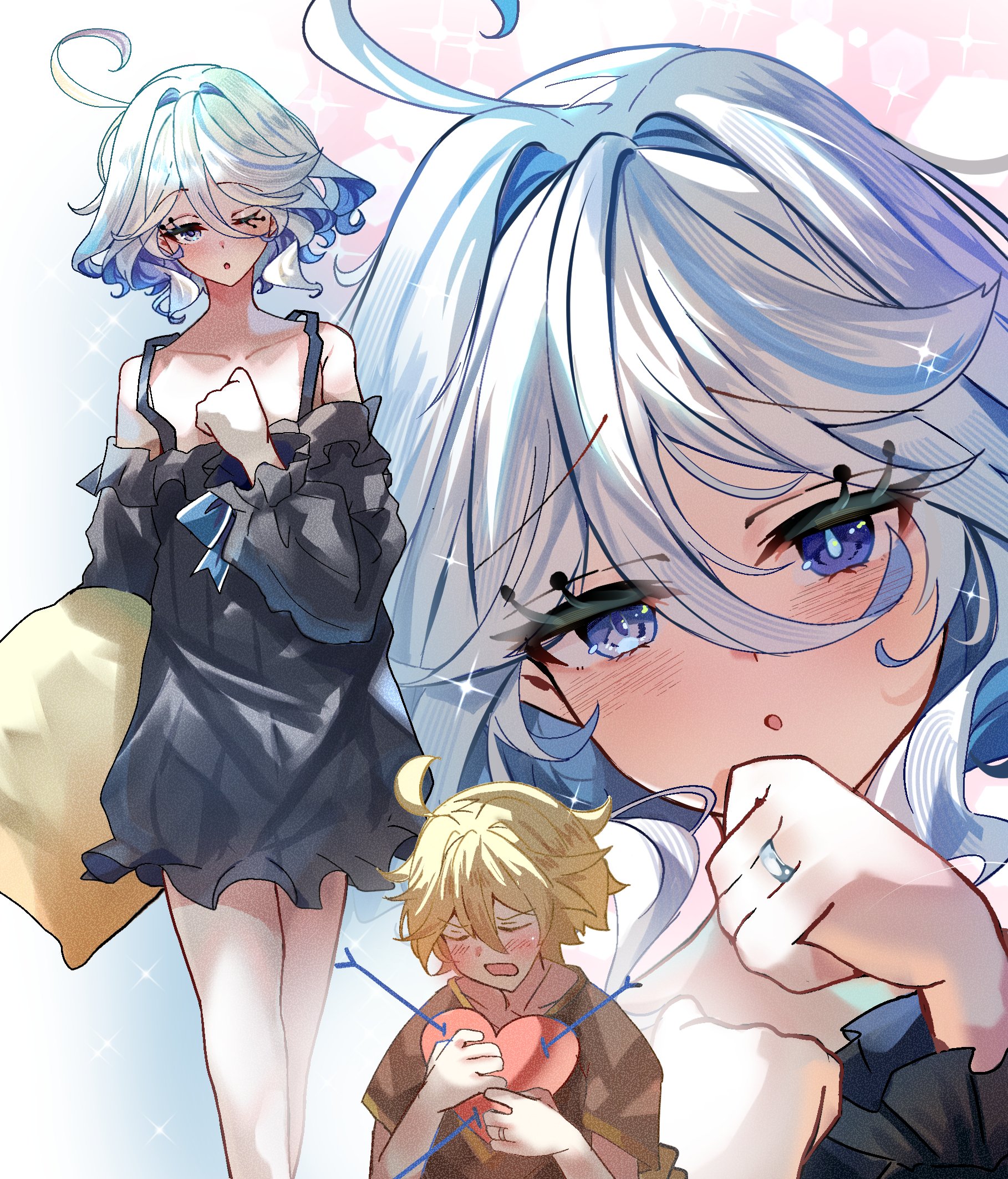 bimmy, aether (genshin impact), furina (genshin impact), genshin impact, highres, 1boy, 1girl, ahoge, black dress, blonde hair, blue eyes, blue hair, blush, brown shirt, closed eyes, dress, heart, hetero, heterochromia, jewelry, looking at viewer, nightgown, one eye closed, open mouth, pillow, ring, shirt, short hair, white hair