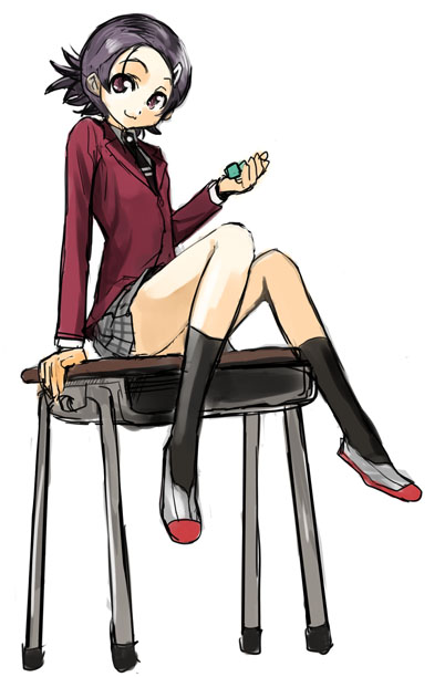 adachi yousuke, 1girl, desk, female focus, hair ornament, hairclip, school uniform, serafuku, skirt, solo