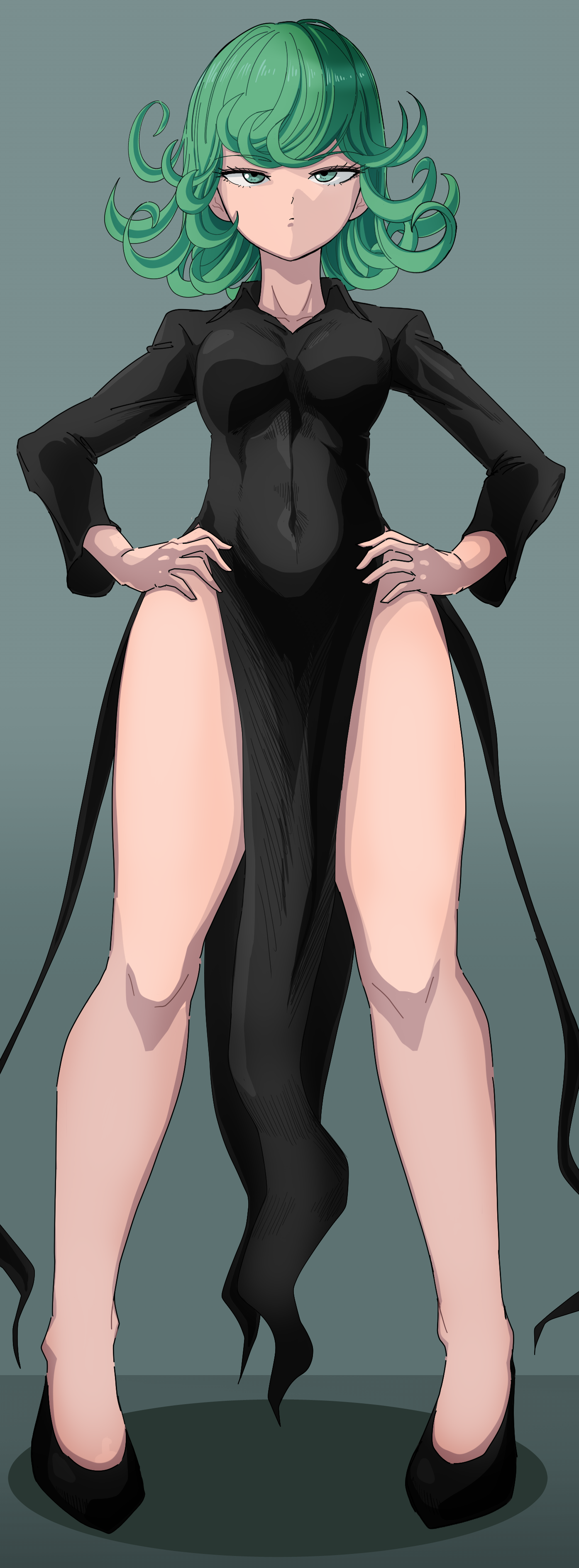 code null, tatsumaki, one-punch man, absurdres, bad id, bad pixiv id, highres, paid reward available, 1girl, bare legs, black dress, black shoes, breasts, closed mouth, collared dress, covered navel, curly hair, dress, eyelashes, frown, full body, green background, green eyes, green hair, hands on own hips, long sleeves, looking at viewer, medium hair, no socks, pelvic curtain, shoes, simple background, small breasts, solo, standing, straight-on, thighs, tsurime
