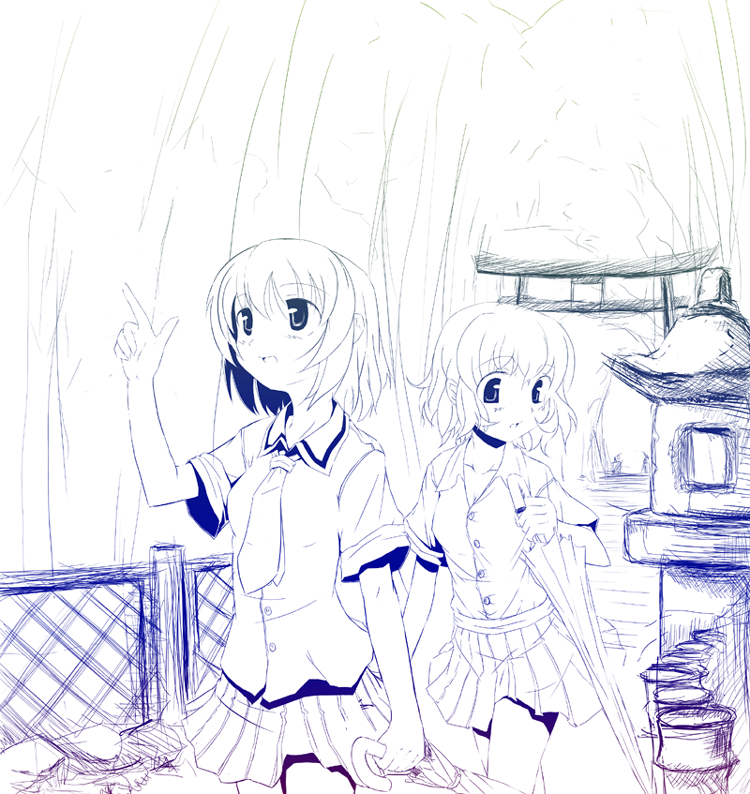takahero, original, 2girls, closed umbrella, monochrome, multiple girls, school uniform, serafuku, short hair, sketch, skirt, stone lantern, torii, umbrella