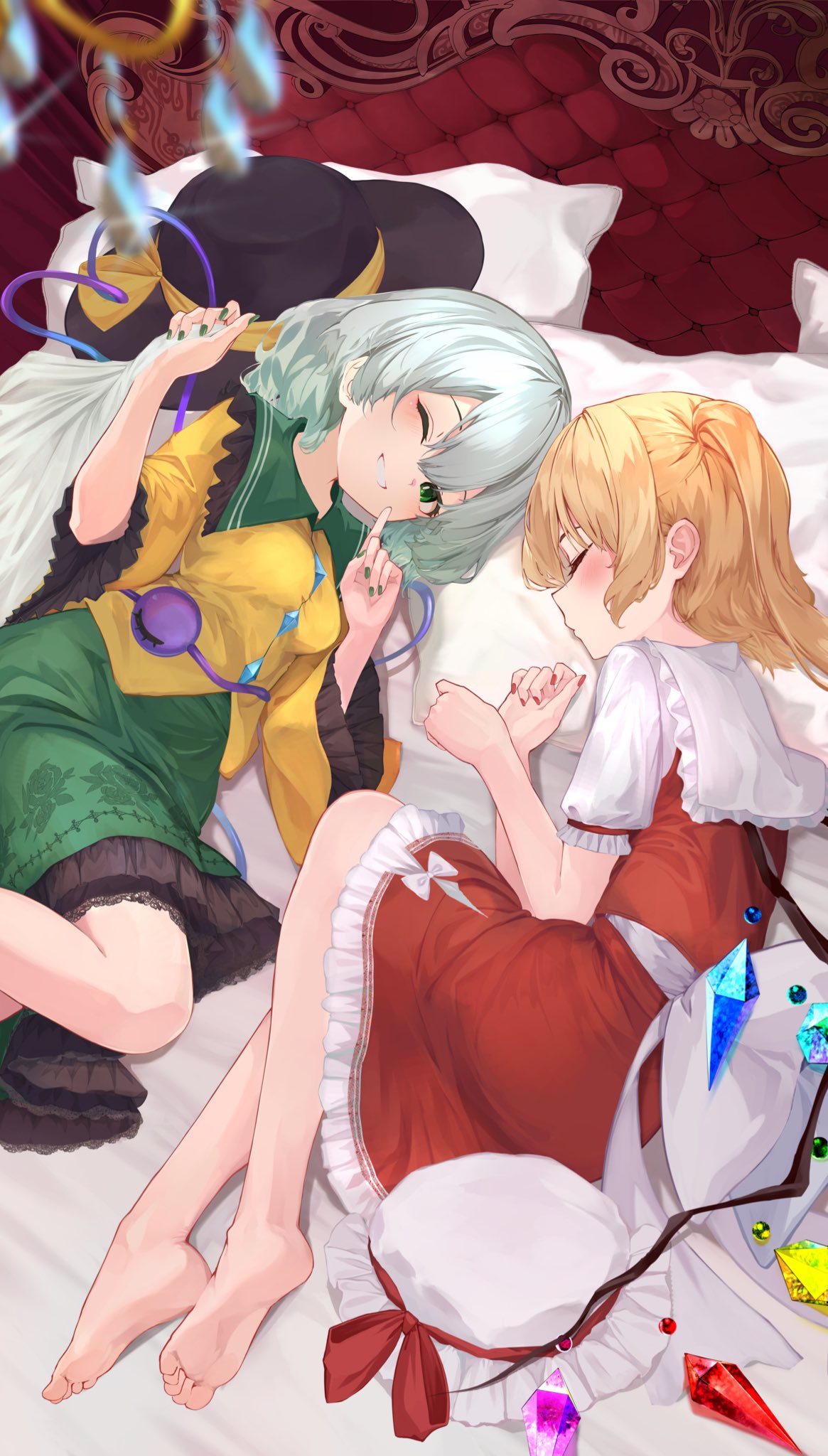 r utchi, flandre scarlet, komeiji koishi, touhou, commentary, highres, 2girls, bed, black hat, blonde hair, bow, buttons, closed eyes, closed mouth, collared shirt, diamond button, finger to mouth, floral print, frilled shirt collar, frilled sleeves, frills, green eyes, green hair, green nails, green skirt, grin, hat, hat bow, hat ribbon, long hair, long sleeves, looking at viewer, lying, mob cap, multiple girls, on side, one eye closed, one side up, pillow, puffy short sleeves, puffy sleeves, red bow, red nails, red ribbon, red skirt, red vest, ribbon, rose print, shirt, short sleeves, shushing, skirt, sleeping, smile, third eye, unworn hat, unworn headwear, vest, white hat, white shirt, yellow bow, yellow ribbon, yellow shirt