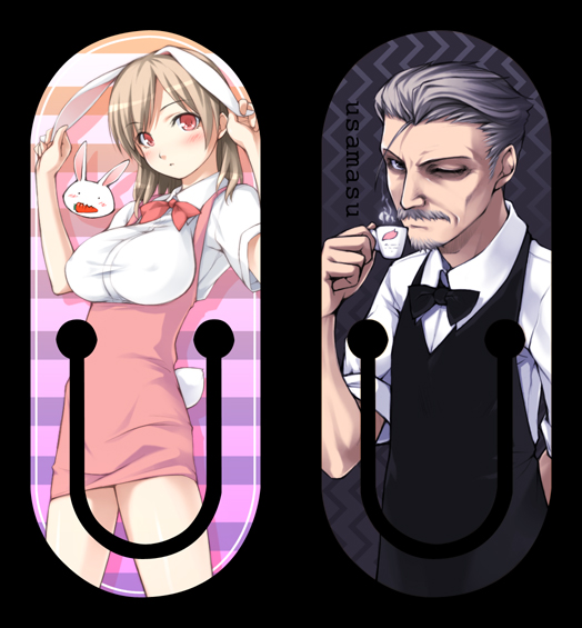 ooji, anna miller, original, 1boy, 1girl, animal ears, beard, black bow, blush, bow, breasts, brown hair, butler, cup, dress, facial hair, grey hair, large breasts, legs, one eye closed, pinafore dress, rabbit, rabbit ears, rabbit tail, red bow, shirt, short hair, sleeveless dress, tail, tea, teacup, waitress, white shirt