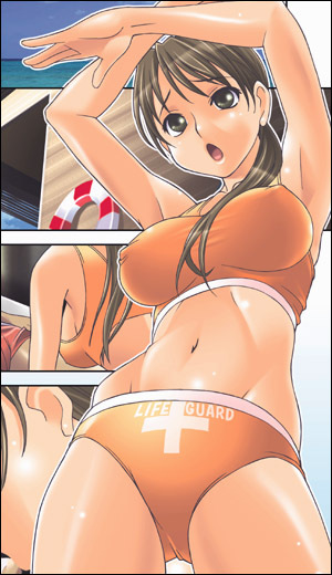 senbata-roh, original, 1girl, armpits, arms up, bikini, black eyes, black hair, breasts, clothes writing, covered erect nipples, female focus, large breasts, lifeguard, long hair, navel, open mouth, orange bikini, ponytail, sideboob, solo, sports bikini, swimsuit