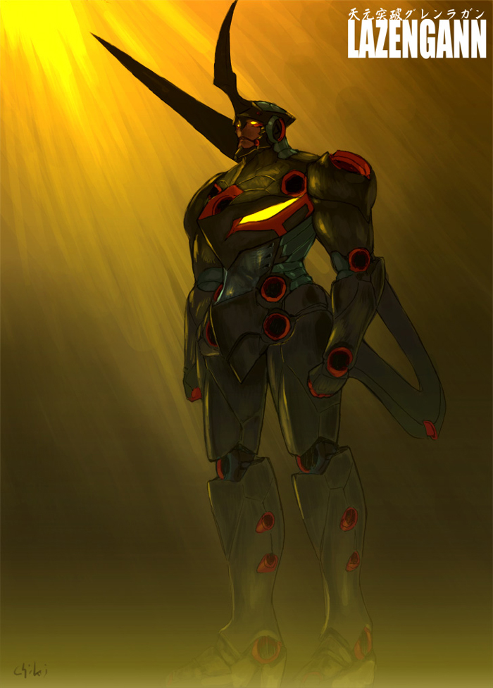chiki (botugo), lazengann, tengen toppa gurren lagann, 00s, armor, helmet, machinery, mecha, no humans, robot, super robot, weapon