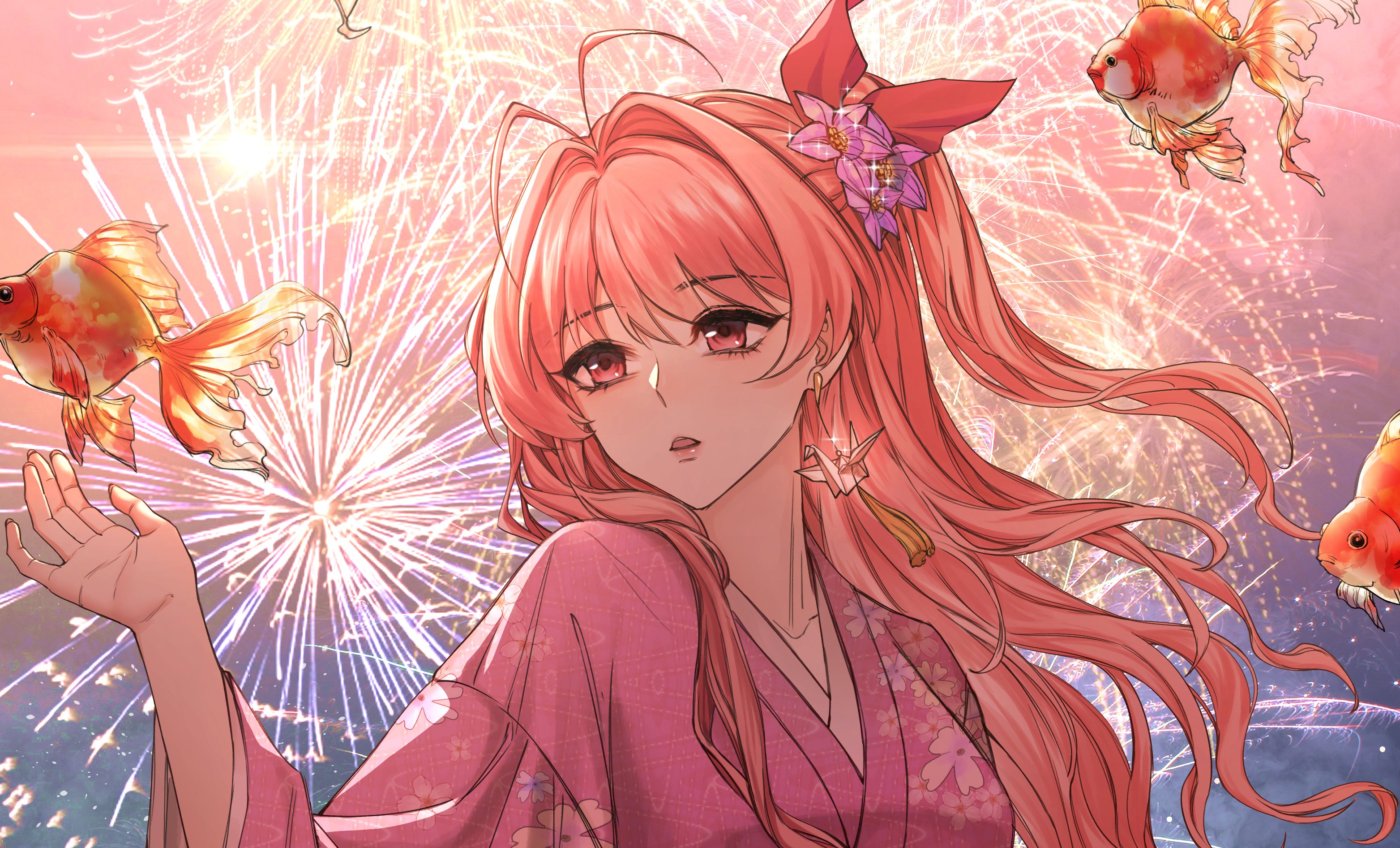 gher5, sakihata rimi, chaos;head, science adventure, fish request, highres, 1girl, :o, antenna hair, breasts, fingernails, fireworks, floral print, flower, hair flower, hair ornament, hair ribbon, hand up, japanese clothes, kimono, long hair, long sleeves, looking to the side, medium breasts, obi, one side up, open mouth, outdoors, pink hair, pink kimono, print kimono, ribbon, sash, solo, standing, wide sleeves, yukata