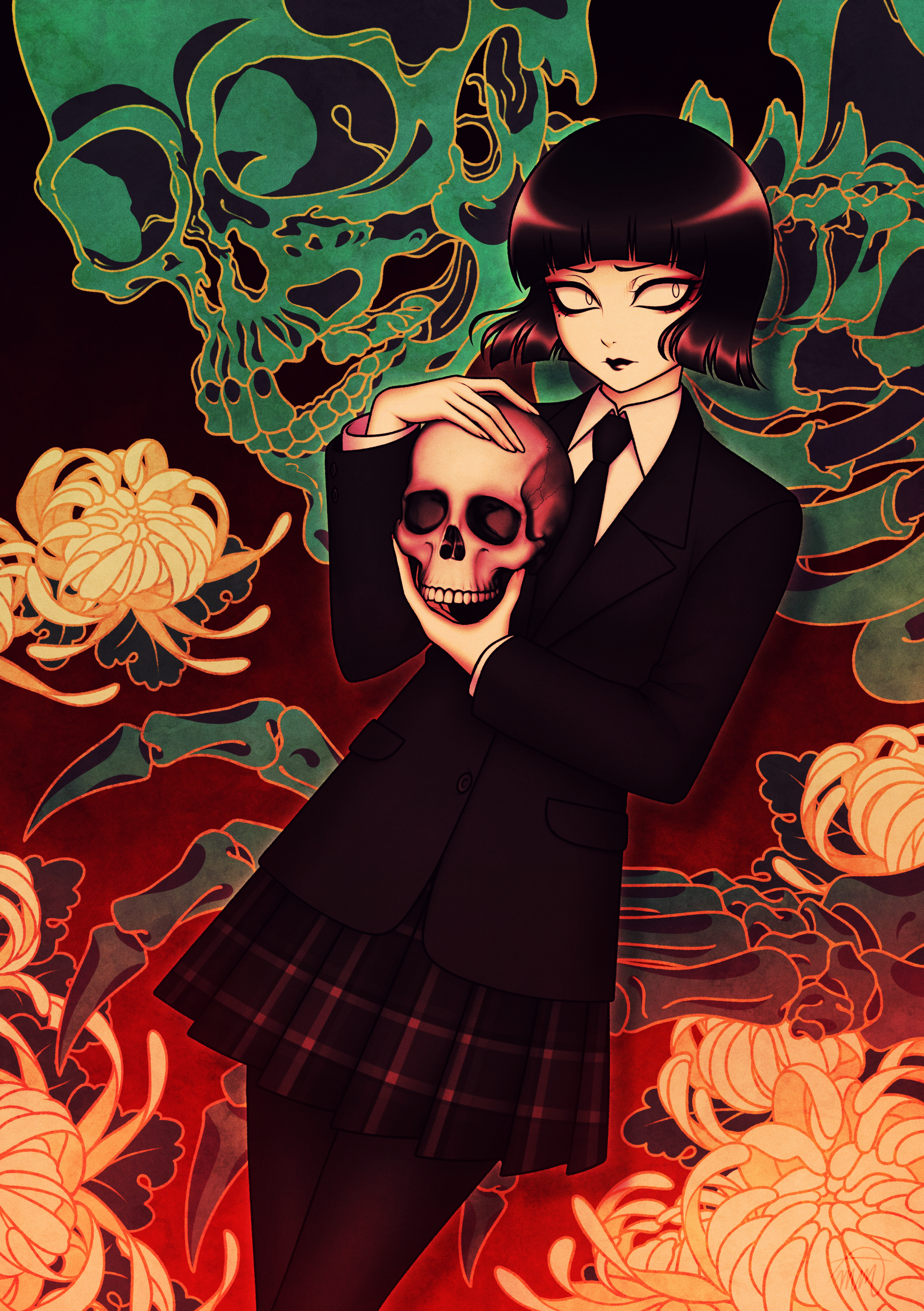 sketchmenot, original, absurdres, clip studio paint (medium), commentary, english commentary, highres, 1girl, black hair, black jacket, black lips, black necktie, black pantyhose, black skirt, closed mouth, collared shirt, flower, holding, holding skull, jacket, long sleeves, mizore ito (sketchmenot), mole, mole under eye, necktie, pale skin, pantyhose, shirt, short hair, skeleton, skirt, skull, solo, white eyes, white shirt