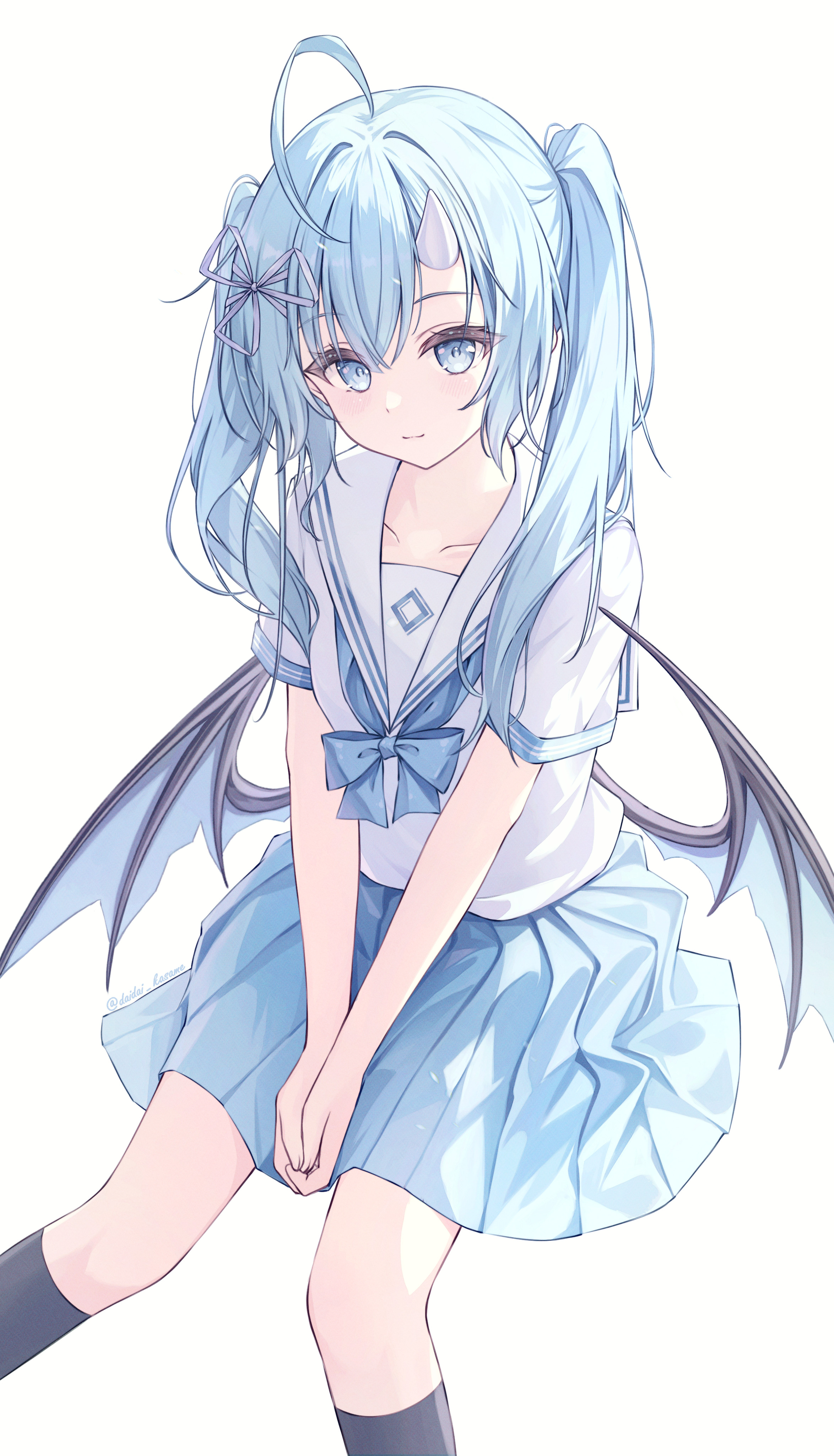 daidai (daidai826), original, absurdres, highres, 1girl, ahoge, black socks, blue eyes, blue hair, blue skirt, closed mouth, long hair, looking at viewer, low wings, miniskirt, own hands together, pleated skirt, school uniform, serafuku, shirt, short sleeves, simple background, sitting, skirt, socks, solo, twintails, white background, white shirt, wings