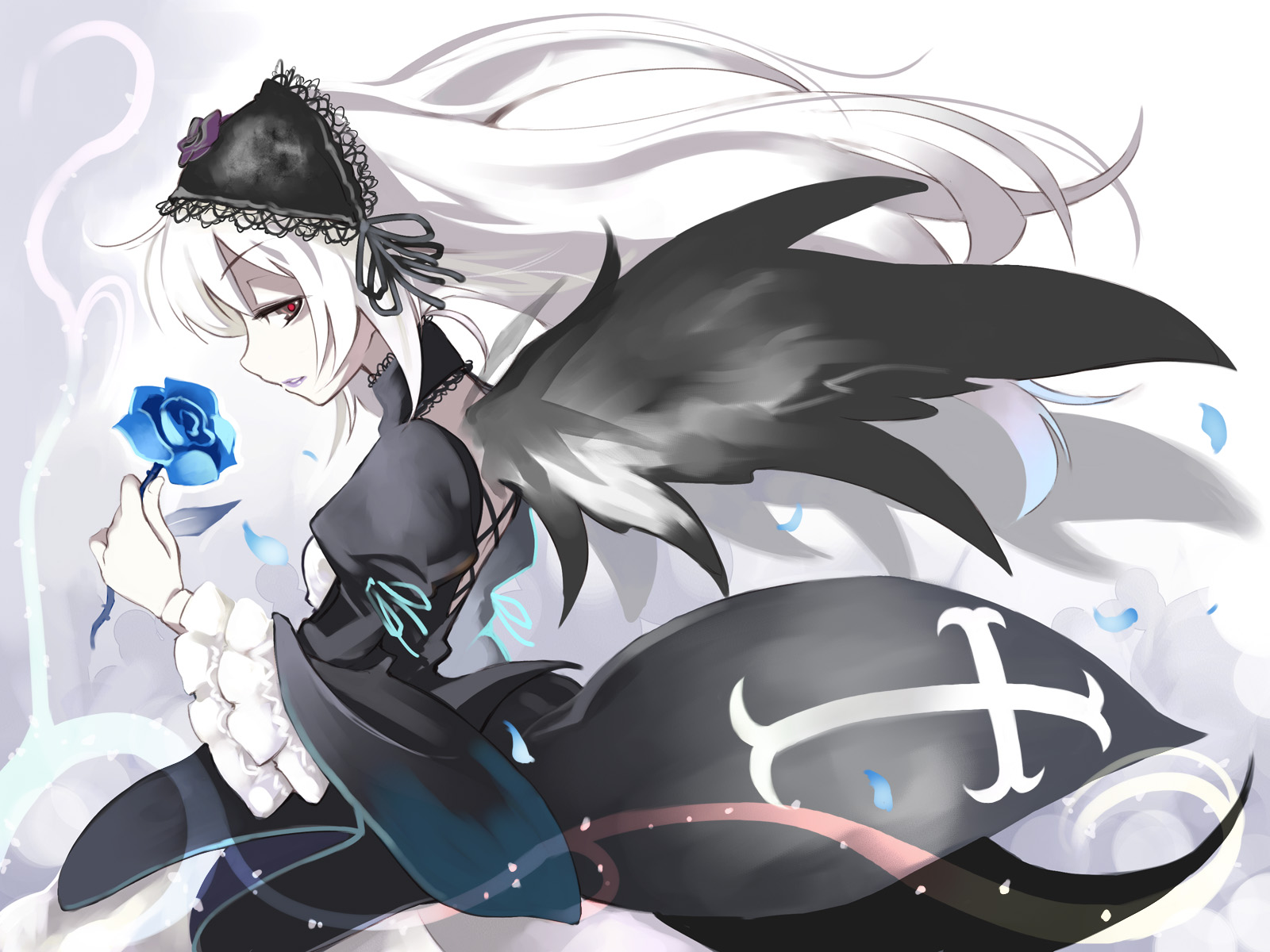 ushiki yoshitaka, suigintou, rozen maiden, highres, 00s, 1girl, blue flower, blue rose, dress, female focus, flower, frills, holding, holding flower, long hair, petals, red eyes, ribbon, rose, rose petals, solo, white hair, wings