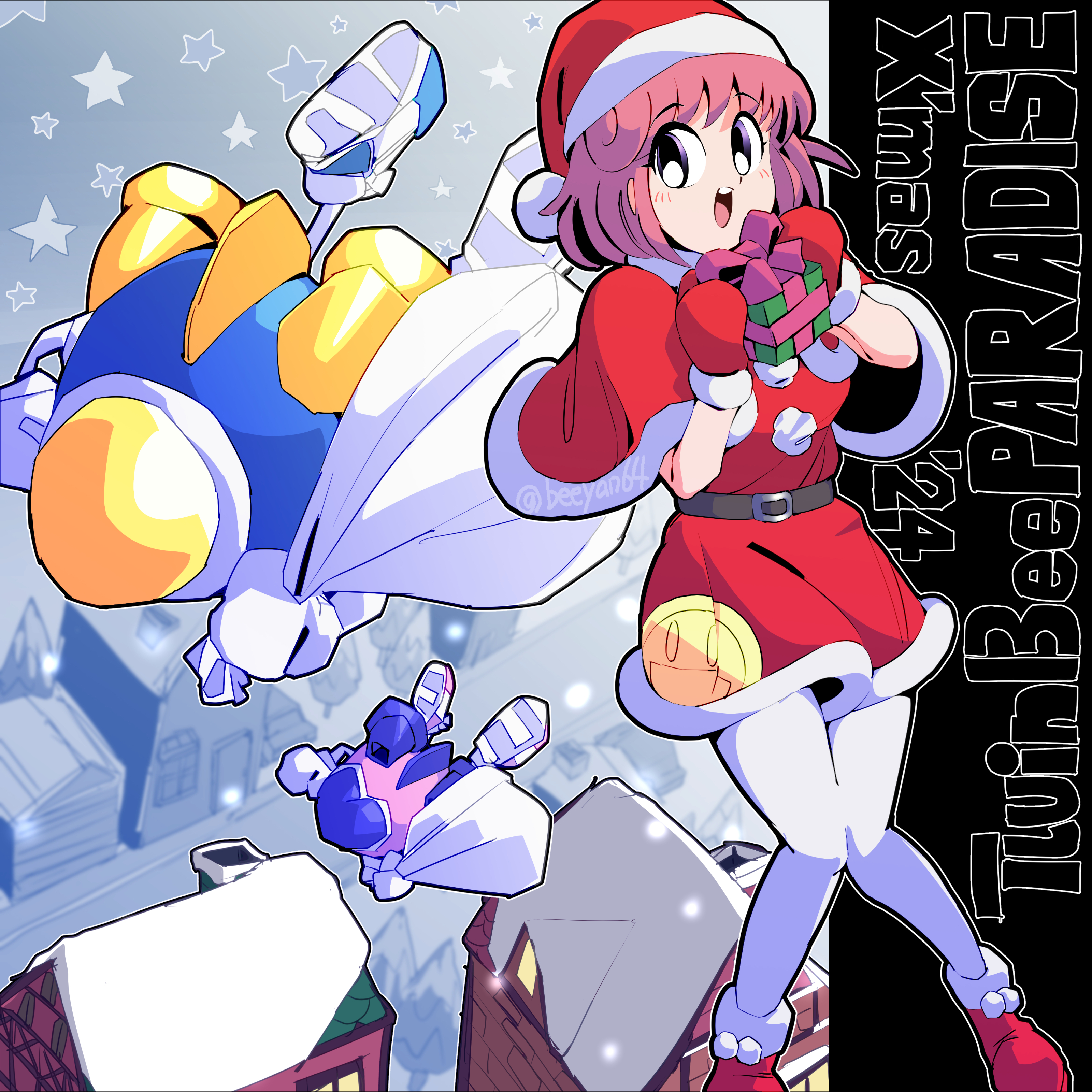 beeyan64, pastel (twinbee), twinbee (character), winbee, twinbee, absurdres, highres, 1boy, 2girls, :o, artist name, belt, capelet, copyright name, dated, gift, hat, holding, holding gift, knees together feet apart, mittens, multiple girls, outdoors, pantyhose, pink hair, red capelet, red mittens, red shoes, rooftop, sack, santa costume, santa hat, shoes, short hair, sneakers, standing, white pantyhose