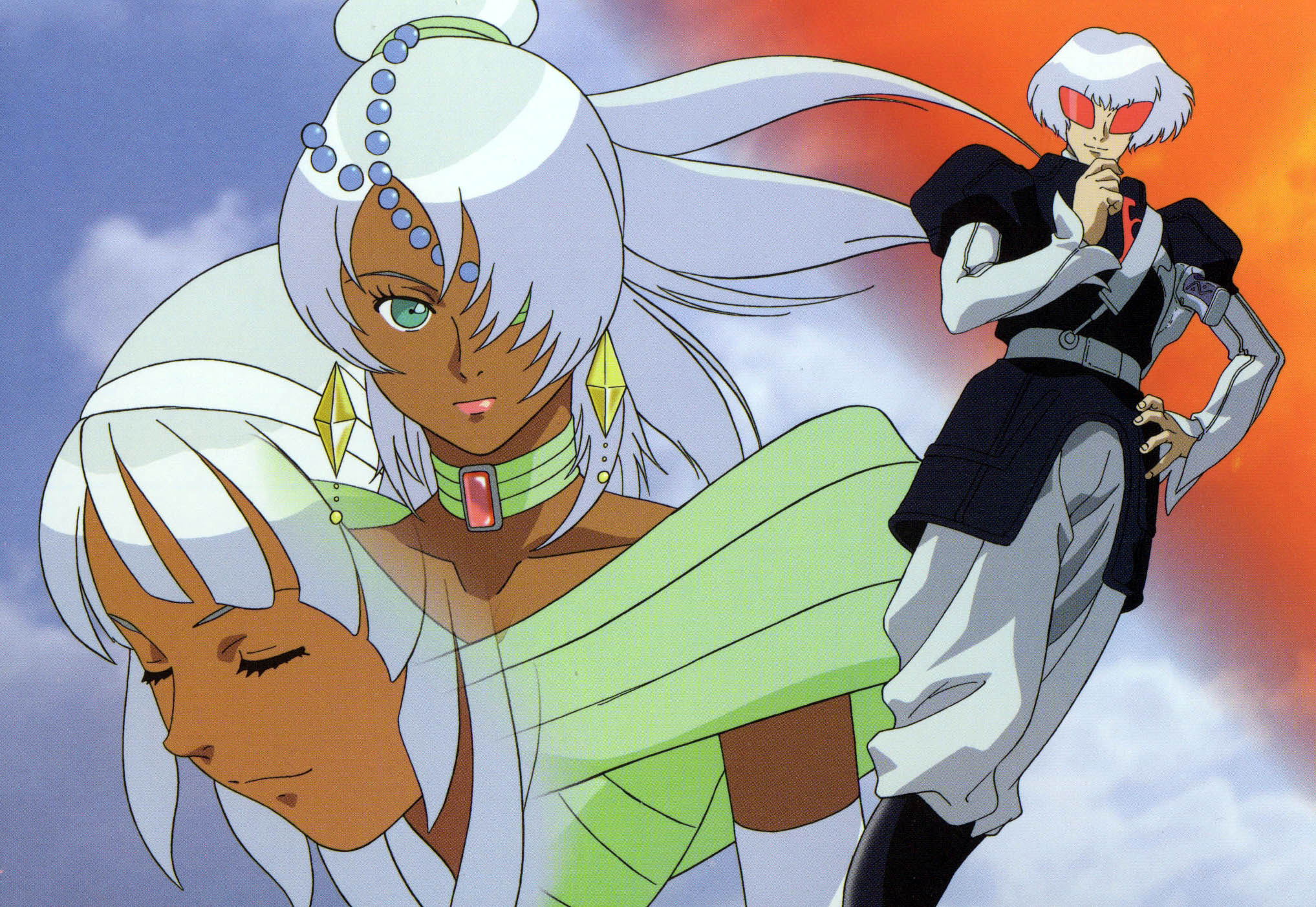 harry ord, laura rolla, loran cehack, gundam, turn a gundam, silver hair, highres, 2boys, crossdressing, crossdressing (mtf), dark-skinned male, dark skin, earrings, formal clothes, hair over one eye, jewelry, male focus, multiple boys, trap