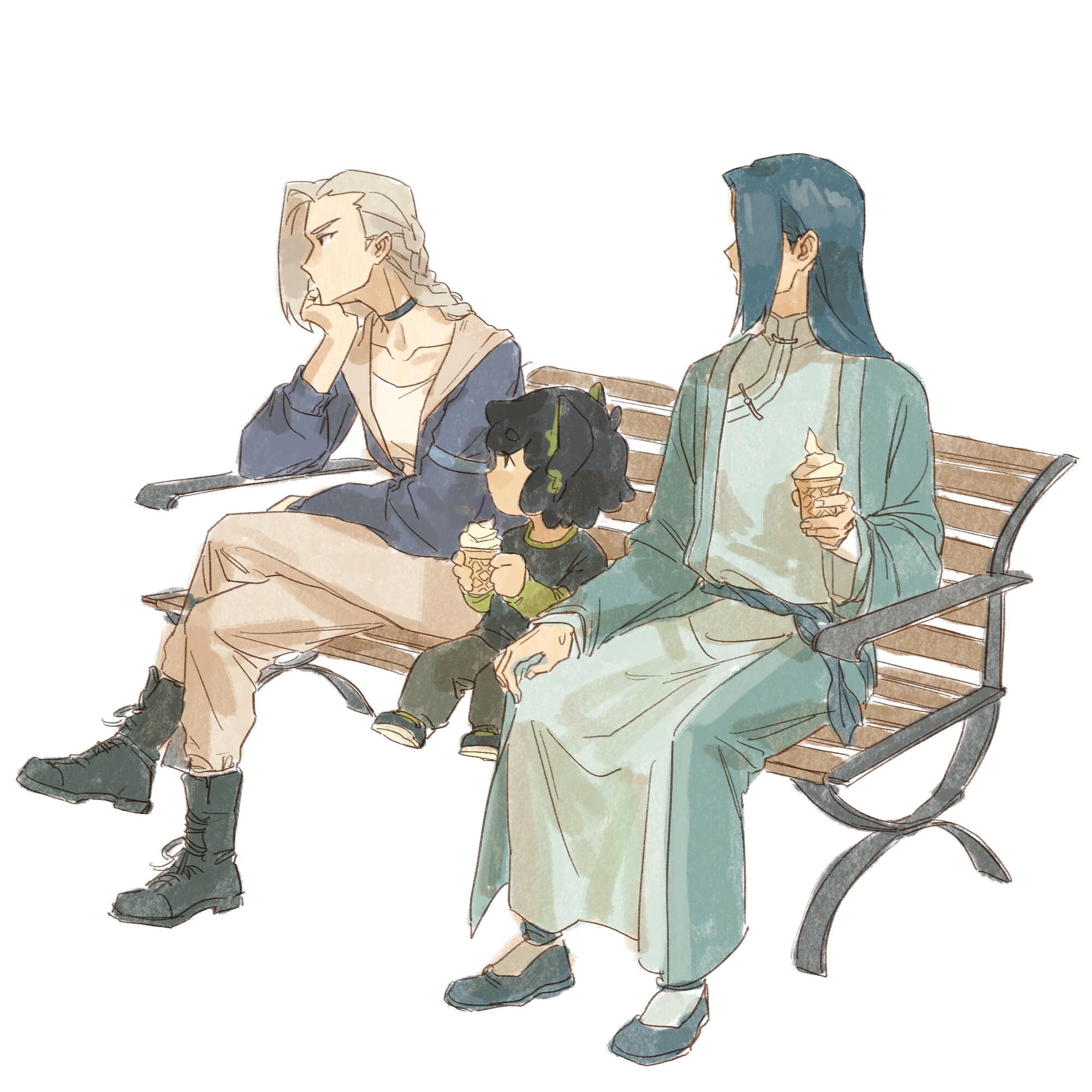 luo xiaohei, luo xiaohei (human), wuxian (the legend of luoxiaohei), luo xiaohei zhanji, highres, 1girl, 2boys, bench, black boots, black choker, black hair, blue hair, blue jacket, boots, braid, braided ponytail, chinese clothes, choker, food, grey hair, grey pants, holding, holding ice cream cone, ice cream, ice cream cone, jacket, luye (the legend of luoxiaohei), multiple boys, pants, profile, simple background, sitting, white background, zhzbaie