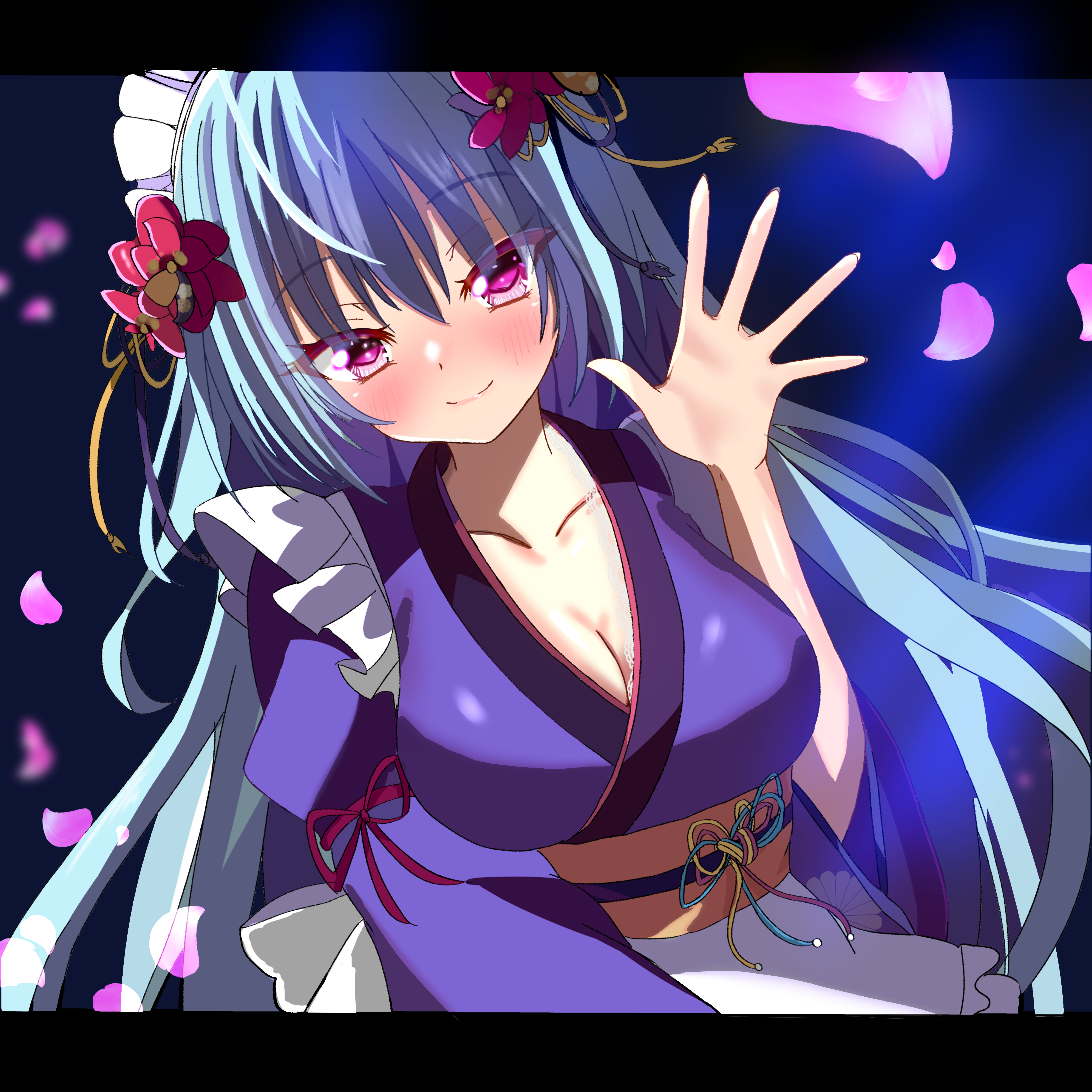 sakuratoru, tsukishima yuuri, koi ga saku koro sakura doki, absurdres, commentary request, highres, 1girl, 2024, apron, blue background, blue hair, blush, breasts, cleavage, closed mouth, collarbone, colored eyelashes, cowboy shot, dated commentary, dutch angle, eyelashes, eyes visible through hair, flower, frilled apron, frills, hair between eyes, hair flower, hair ornament, hand up, happy, japanese clothes, kanzashi, kimono, large breasts, letterboxed, lips, long hair, long sleeves, looking at viewer, maid, maid apron, maid headdress, outstretched hand, petals, pink eyes, purple kimono, red flower, simple background, smile, solo, split mouth, tassel, tassel hair ornament, tsurime, very long hair, wa maid, waving, white apron, wide sleeves