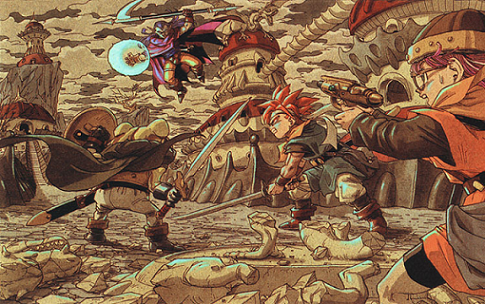 toriyama akira, crono (chrono trigger), frog (chrono trigger), lucca ashtear, magus (chrono trigger), marle (chrono trigger), chrono (series), chrono trigger, lowres, official art, 1990s (style), 1girl, 2boys, battle, multiple boys, retro artstyle