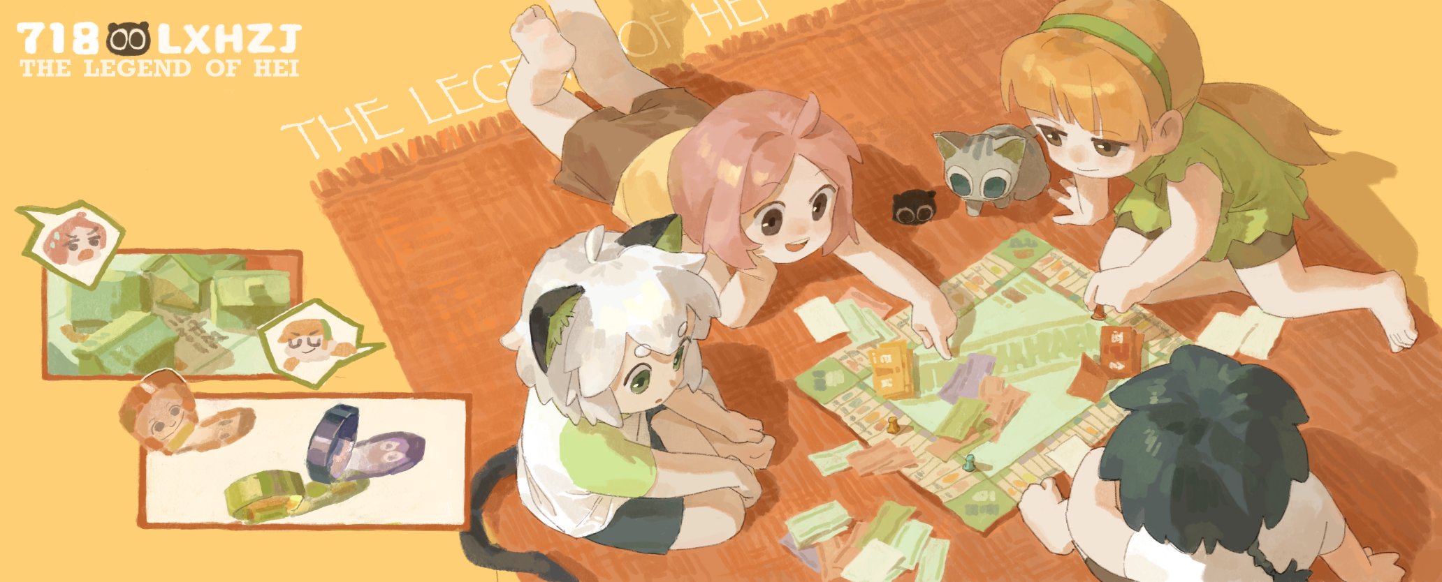 a'gen (the legend of luoxiaohei), heixiu, huangshou (the legend of luoxiaohei), luo xiaobai, luo xiaohei, luo xiaohei (human), shanxin (the legend of luoxiaohei), luo xiaohei zhanji, monopoly, highres, 2boys, 2girls, animal ears, bare legs, barefoot, black hair, black shorts, board game, brown eyes, carpet, cat boy, cat ears, cat tail, copyright name, green eyes, green shirt, multiple boys, multiple girls, orange hair, pink hair, shadow, shirt, shorts, tail, white hair, white shirt, wide shot, yellow shirt, zhzbaie