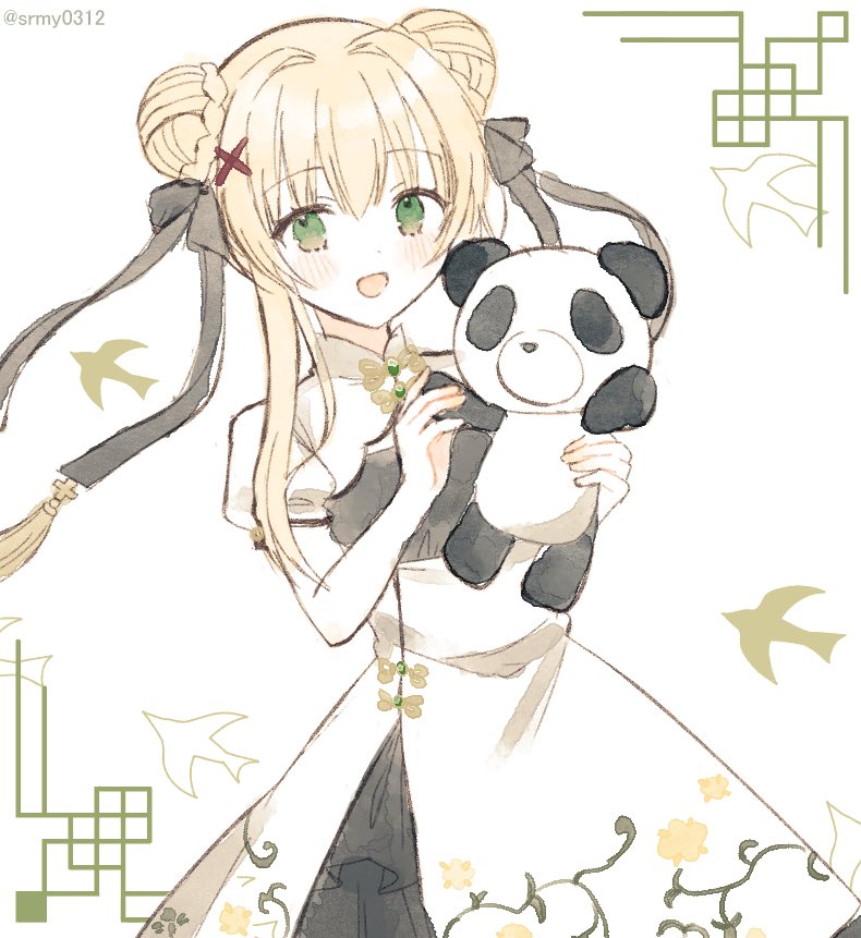 aiyan, tsumugi wenders, summer pockets, commentary request, 1girl, :d, alternate costume, alternate hairstyle, blonde hair, blush, bun with braided base, china dress, chinese clothes, cowboy shot, double bun, dress, green eyes, hair between eyes, hair bun, hair ornament, hands up, happy, holding, holding stuffed toy, long hair, looking at viewer, open mouth, puffy short sleeves, puffy sleeves, short sleeves, sidelocks, simple background, smile, solo, stuffed animal, stuffed panda, stuffed toy, white background, white dress, x hair ornament