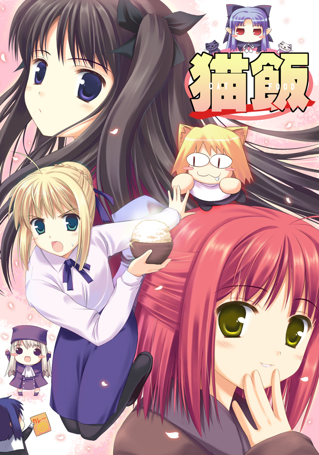 hinooka shuuji, artoria pendragon (fate), ciel (tsukihime), illyasviel von einzbern, kohaku (tsukihime), len (tsukihime), neco-arc, saber (fate), tohsaka rin, fate/stay night, fate (series), kagetsu tooya, melty blood, tsukihime, type-moon, 00s, 6+girls, black hair, blonde hair, blue eyes, blue hair, blush, cat, chibi, crossover, food, green eyes, half updo, hat, long hair, multiple girls, pantyhose, petals, pink hair, purple hair, red eyes, ribbon, short hair, very long hair, white hair, yellow eyes