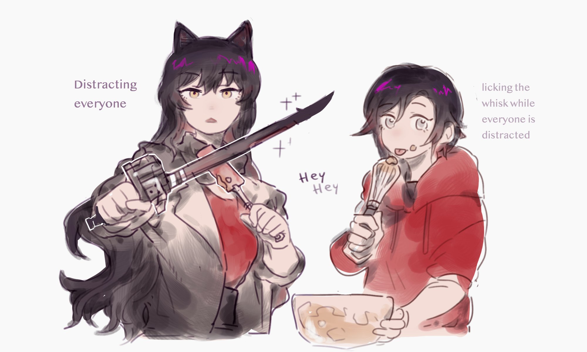 hiru315, blake belladonna, ruby rose, rwby, commentary, english commentary, highres, photo-referenced, 2girls, animal ears, black hair, black pants, bowl, cat ears, cat girl, collared jacket, english text, food, food on face, gambol shroud, grey eyes, gun, hair between eyes, hand up, hands up, holding, holding gun, holding spatula, holding sword, holding weapon, holding whisk, hood, hoodie, jacket, licking whisk, long hair, looking at viewer, medium hair, multiple girls, open clothes, open jacket, pants, red hoodie, red shirt, shirt, simple background, sketch, sleeves rolled up, sparkle, spatula, straight-on, swept bangs, sword, upper body, weapon, whisk, white background, white jacket, yellow eyes