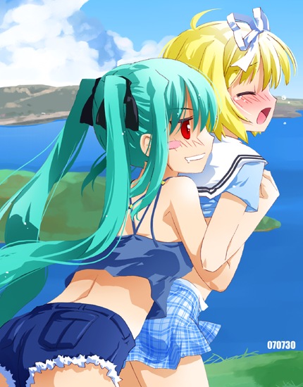 noto (soranoto), original, 2girls, blonde hair, blue hair, breasts, grabbing another's breast, groping, halterneck, long hair, miniskirt, multiple girls, red eyes, ribbon, short hair, shorts, skirt, small breasts, yuri