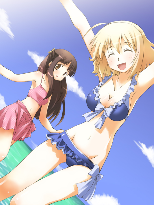 osamada meika, original, 2girls, bikini, blonde hair, brown hair, day, dutch angle, frilled bikini, frills, lowleg, lowleg bikini, multiple girls, pink sarong, polka dot, polka dot bikini, sarong, swimsuit
