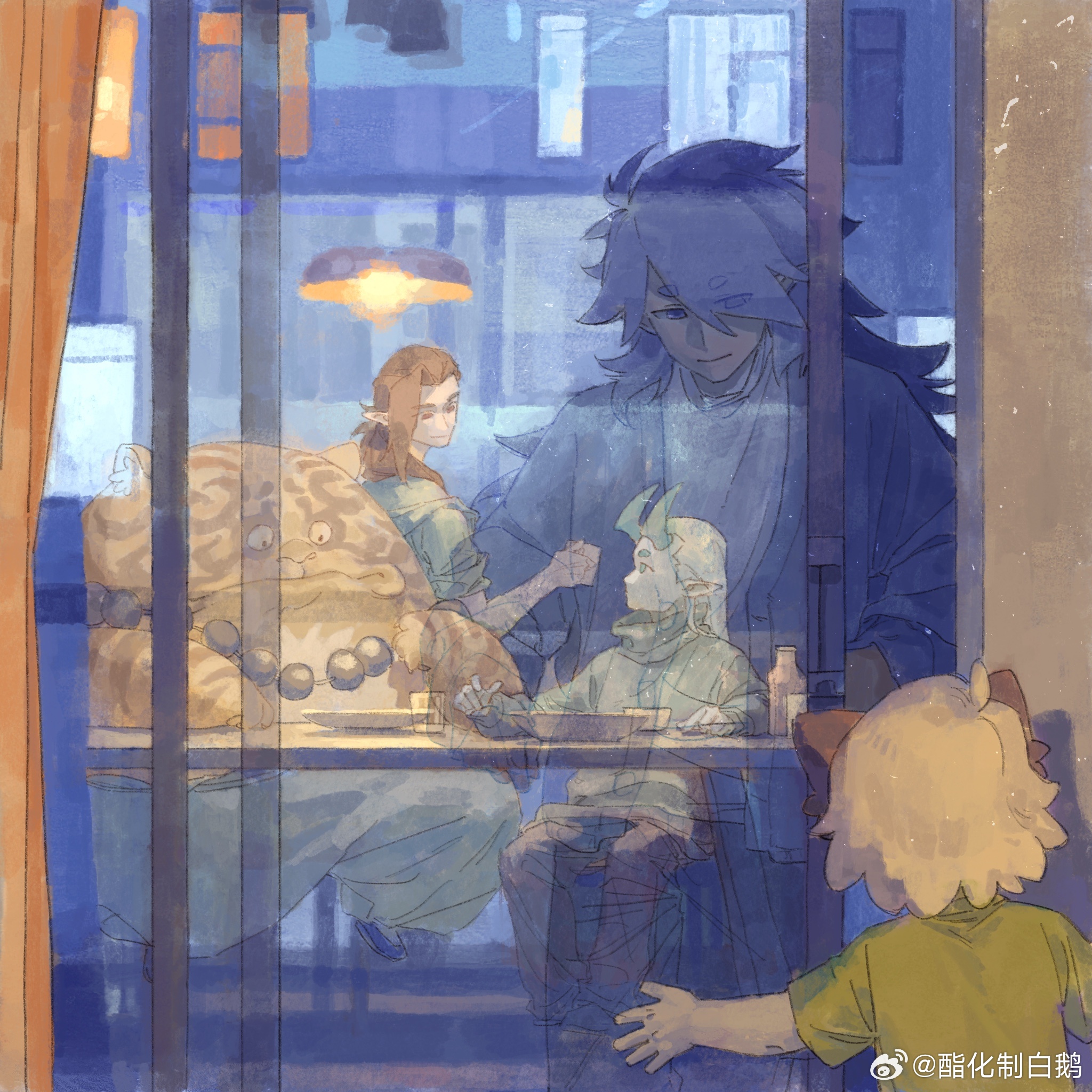 fengxi (the legend of luoxiaohei), luo xiaohei, luo xiaohei (human), luozhu (the legend of luoxiaohei), tianhu (the legend of luoxiaohei), xuhuai (the legend of luoxiaohei), luo xiaohei zhanji, highres, 5boys, animal ears, aqua horns, bowl, brown hair, cat boy, cat ears, cup, curtains, eyes visible through hair, green shirt, horns, indoors, jewelry, male focus, multiple boys, necklace, pointy ears, profile, purple hair, reflection, shirt, short sleeves, table, white hair, window, zhzbaie
