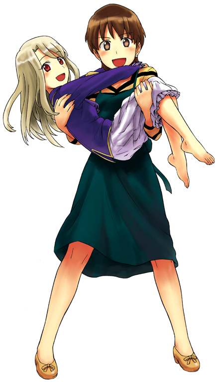 jas (littlecrime), fujimura taiga, illyasviel von einzbern, fate/stay night, fate (series), 00s, 2girls, barefoot, carrying, dress, earrings, feet, frills, jewelry, laughing, multiple girls, princess carry, standing
